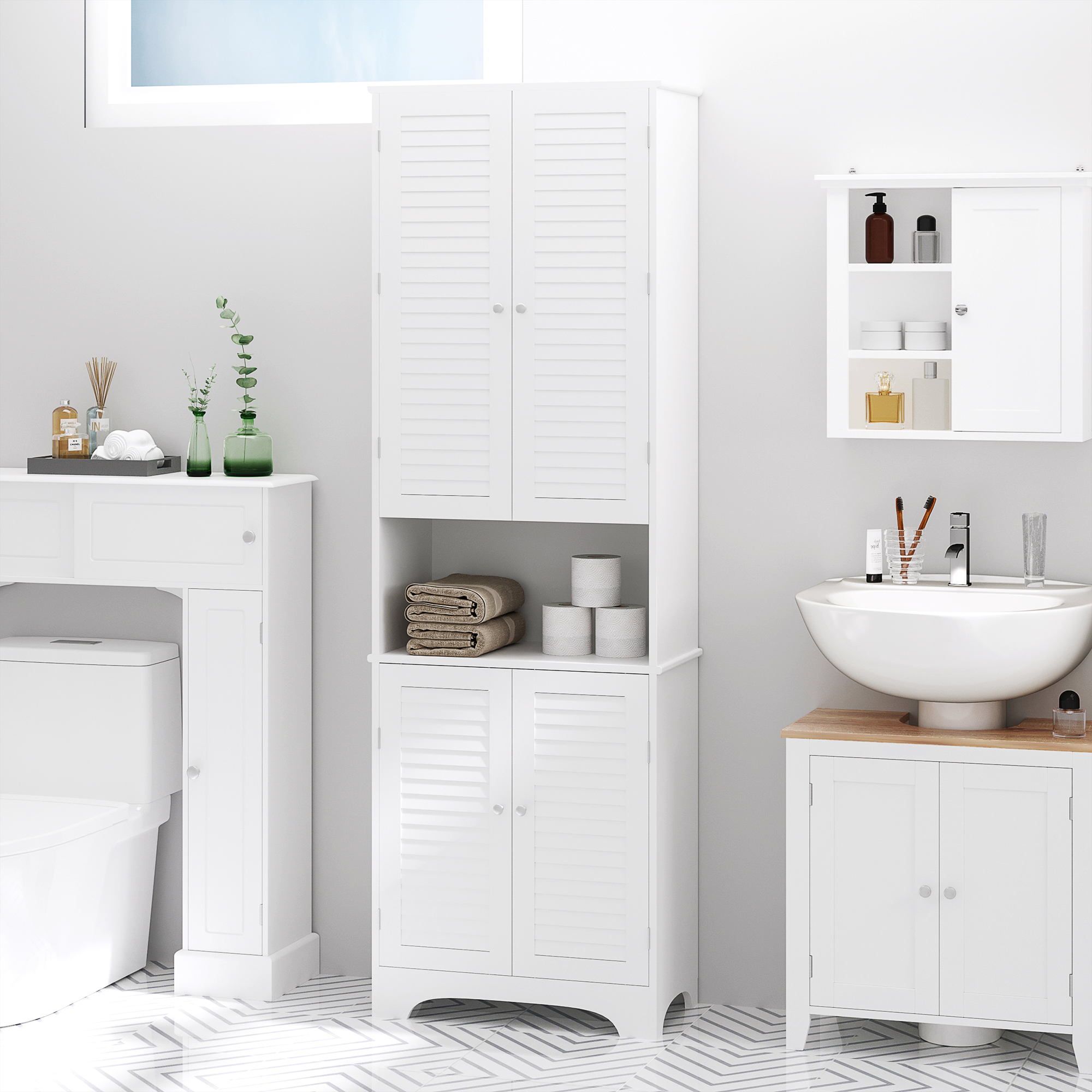 HOMCOM MDF Freestanding 6-Tier Bathroom Storage Cabinet White