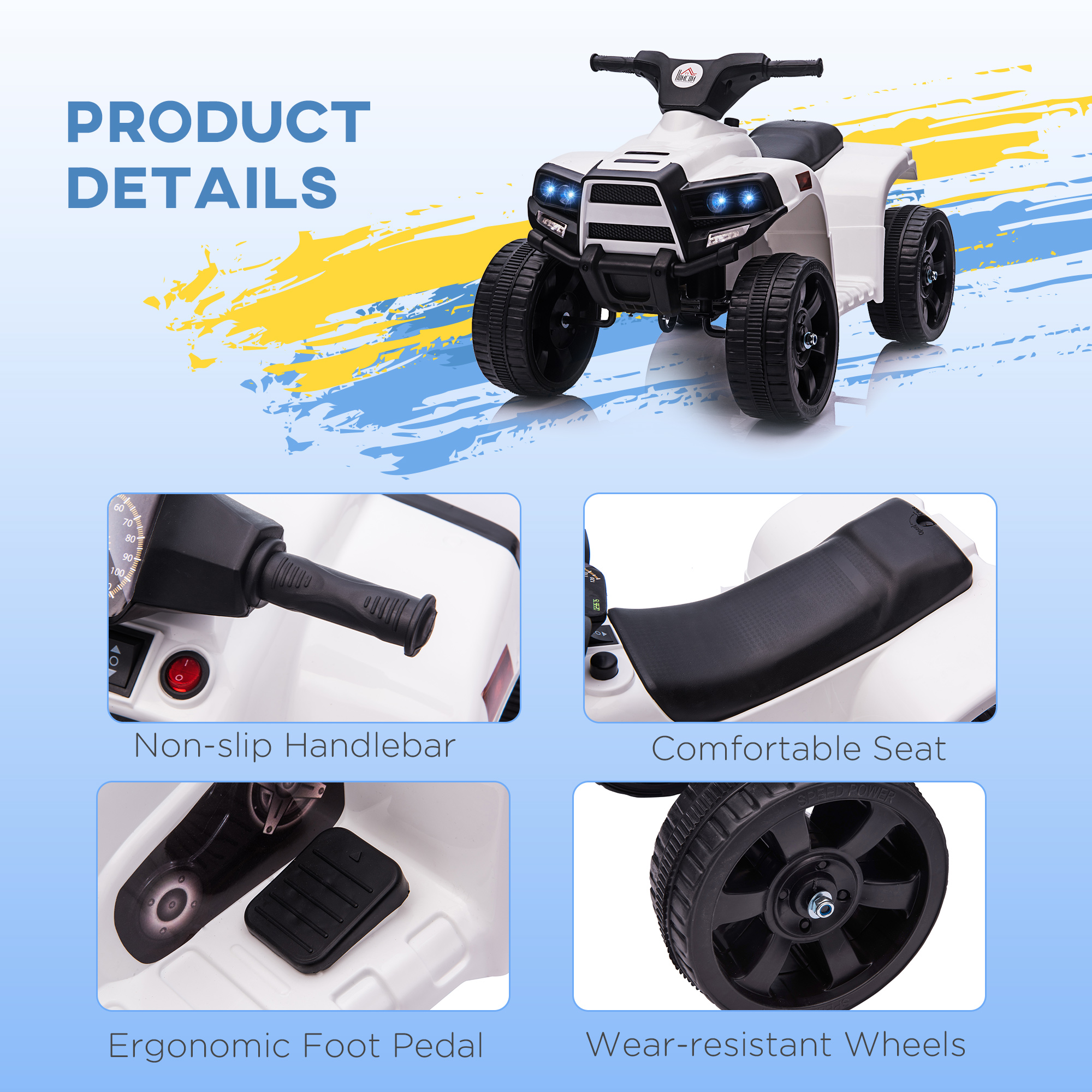 HOMCOM 6 V Kids Ride on Cars Quad Bike Electric ATV Toy Quad Bike for Toddlers w/ Headlights Battery Powered for 18-36 months White+Black
