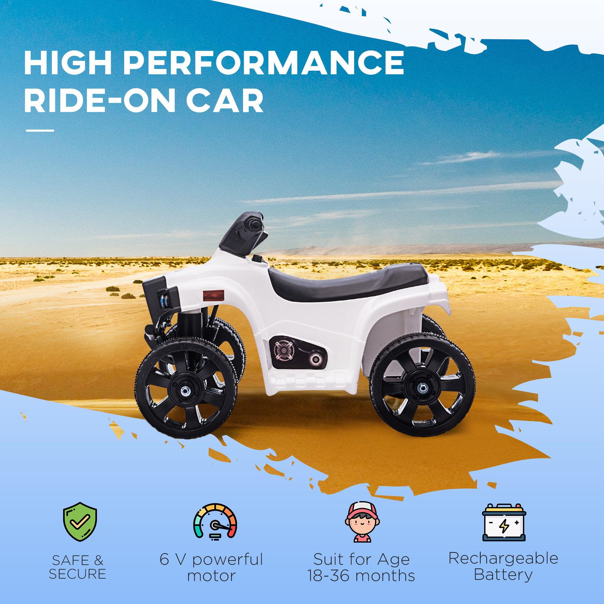 HOMCOM 6 V Kids Ride on Cars Quad Bike Electric ATV Toy Quad Bike for Toddlers w/ Headlights Battery Powered for 18-36 months White+Black