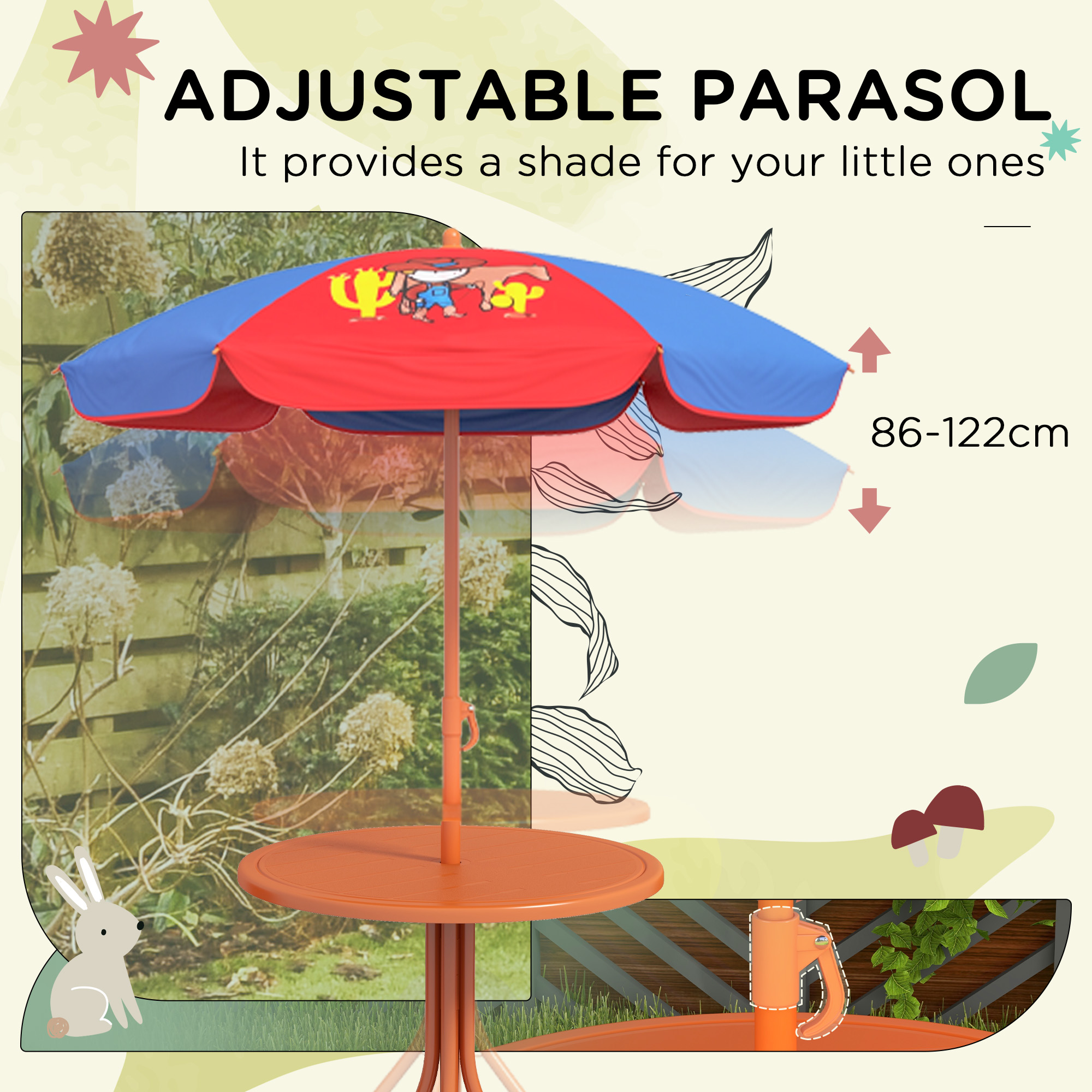 Outsunny Kids Picnic Table and Chair Set Cowboy Themed Outdoor Garden Furniture w/ Foldable Chairs, Adjustable Parasol