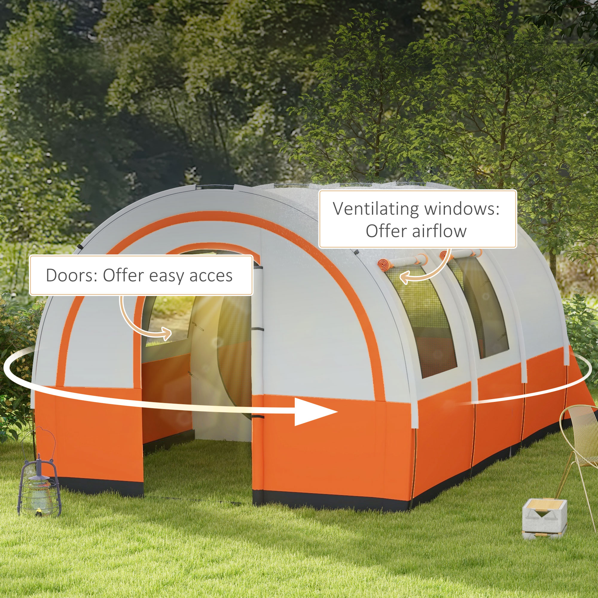 Outsunny 3000mm Waterproof Camping Tent, 5-6 Man Family Tent with Living and Bedroom, Carry Bag Included, Cream and Orange