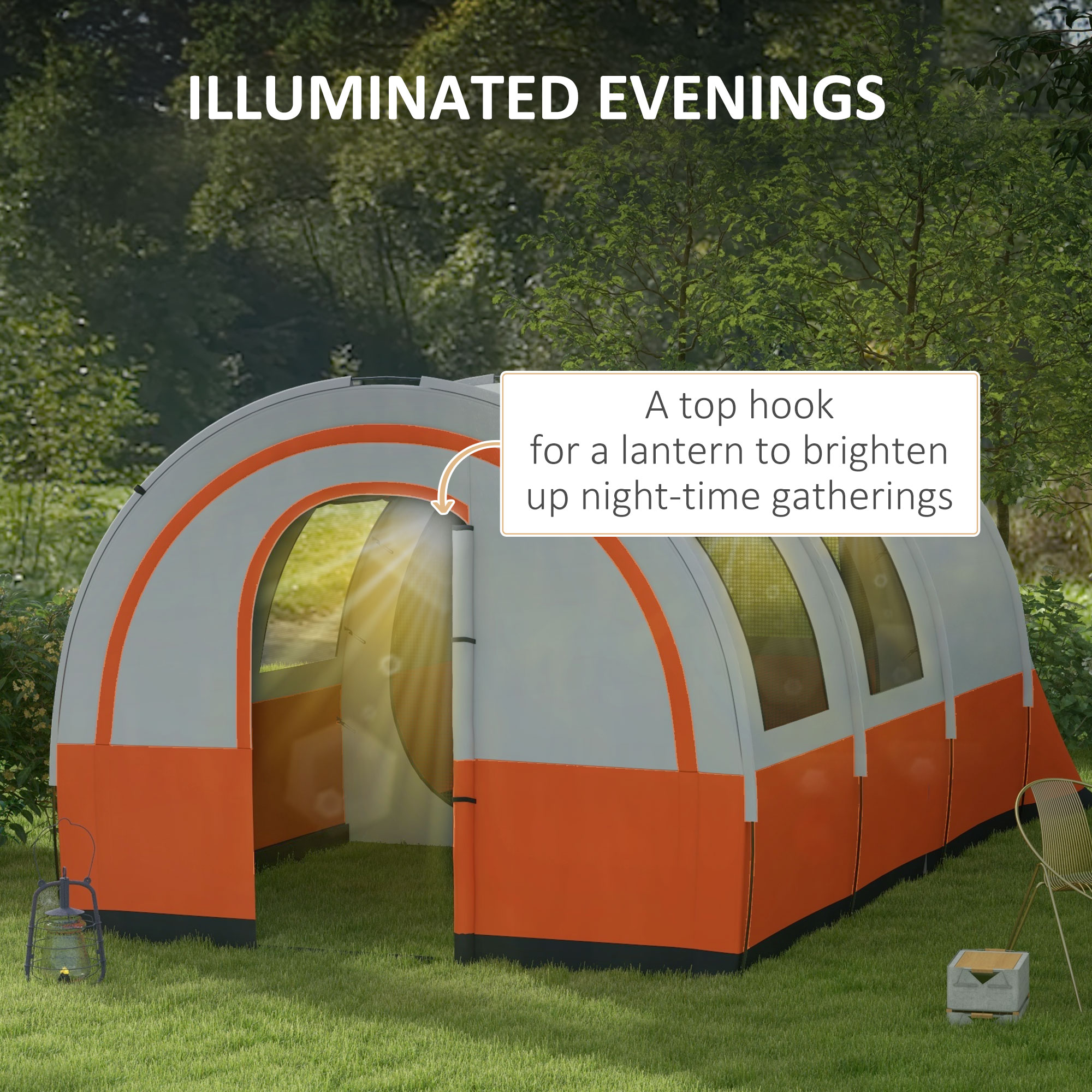 Outsunny 3000mm Waterproof Camping Tent, 5-6 Man Family Tent with Living and Bedroom, Carry Bag Included, Cream and Orange
