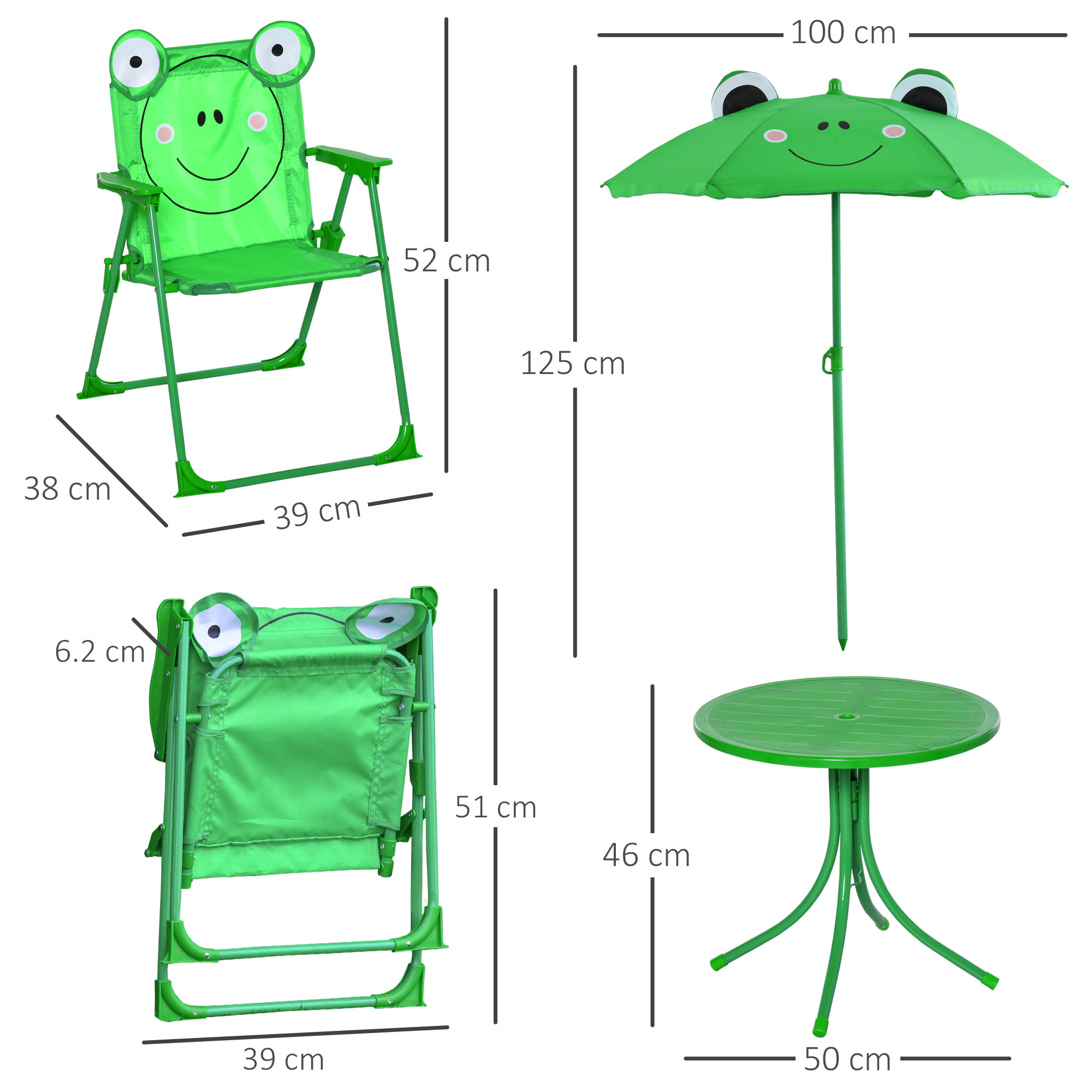 Outsunny Kids Folding Picnic Table and Chair Set Frog Pattern with Removable & Height Adjustable Sun Umbrella, Green