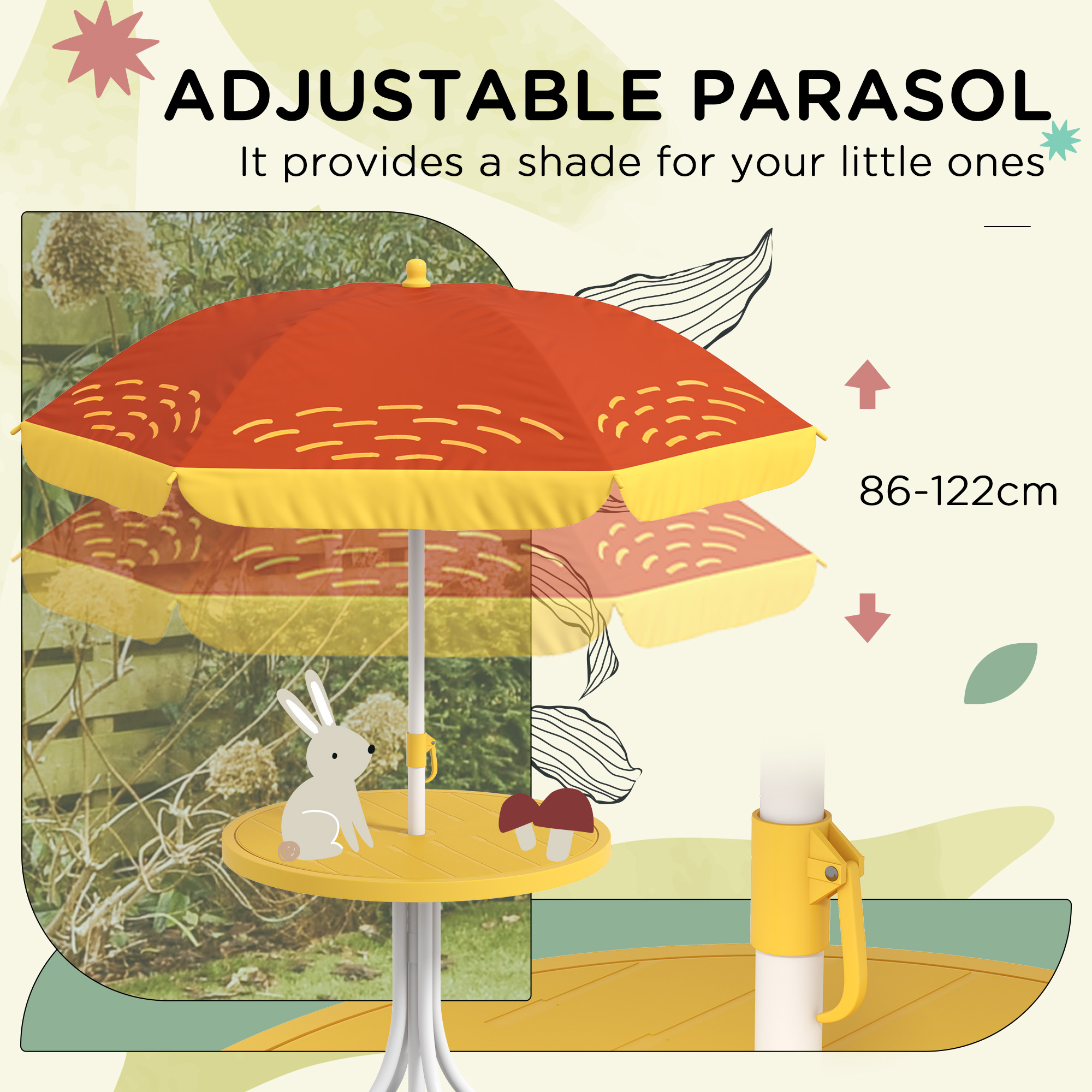 Outsunny Lion Themed Kids Outdoor Picnic Table & Chair Set, with Foldable Chairs, Adjustable Parasol, Yellow