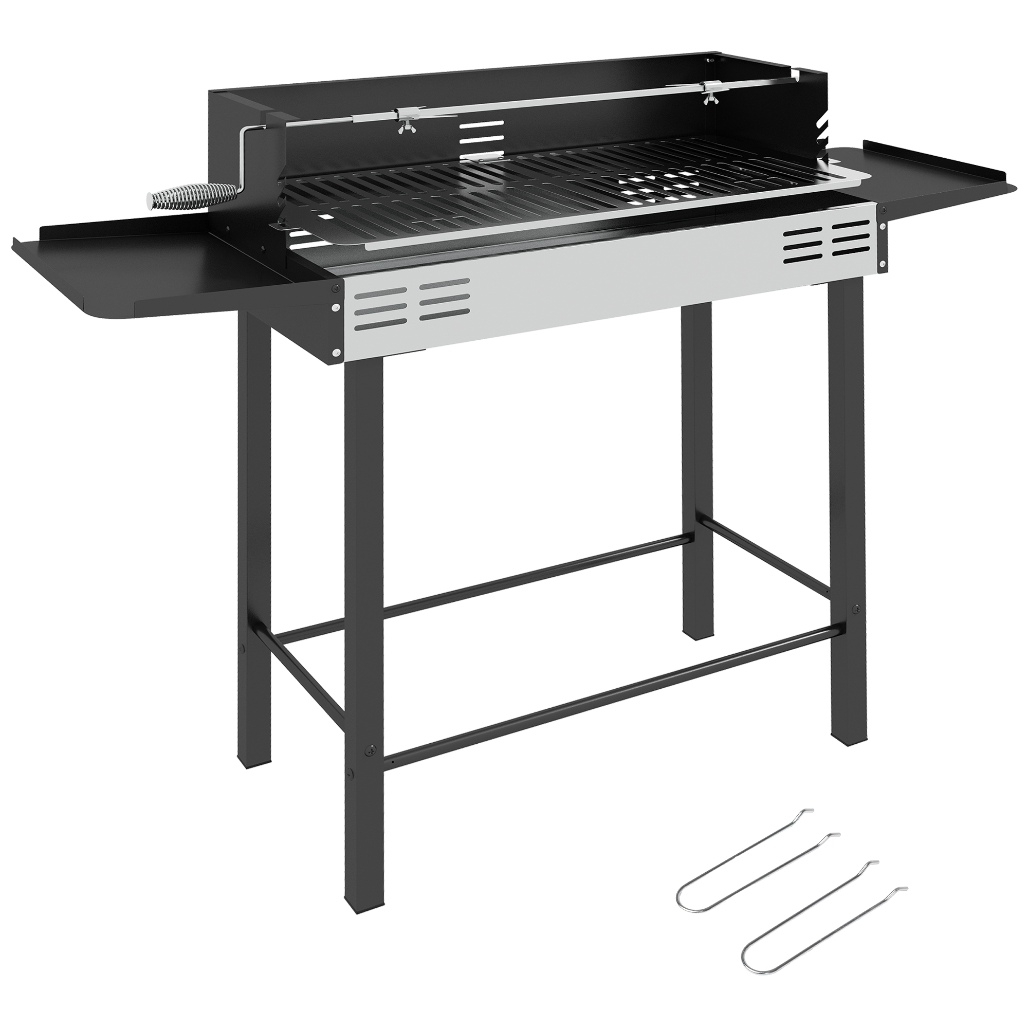 Outsunny Barbecue a Carbone a 3 Livelli con Mensole Pieghevoli e Girarrosto, in Acciaio Inox, 118x32x90 cm, Nero Aosom
