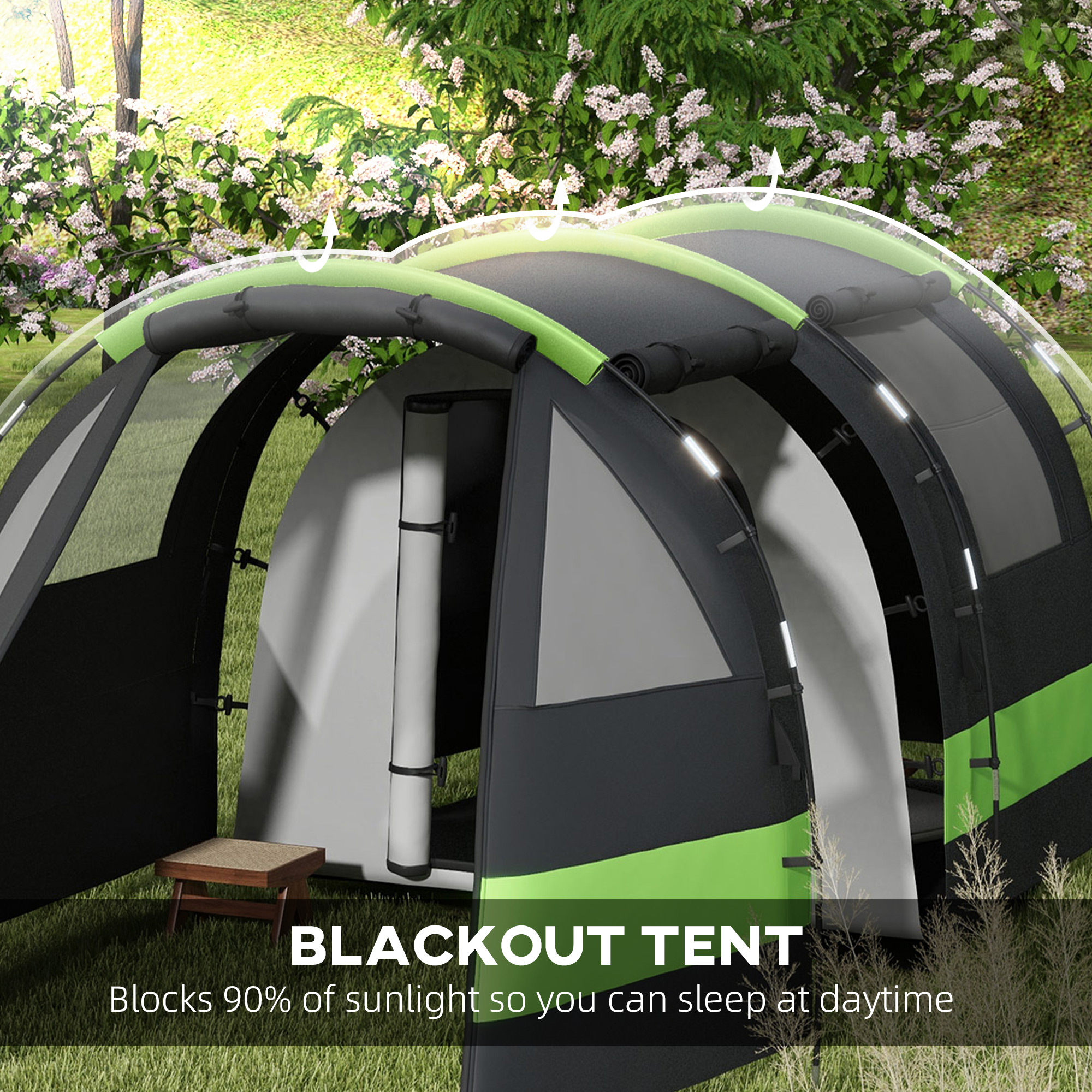 Outsunny Blackout Camping Tent for 4-5 Person, with Bedroom & Living Room, 3000mm Waterproof, for Fishing Hiking Festival, Black