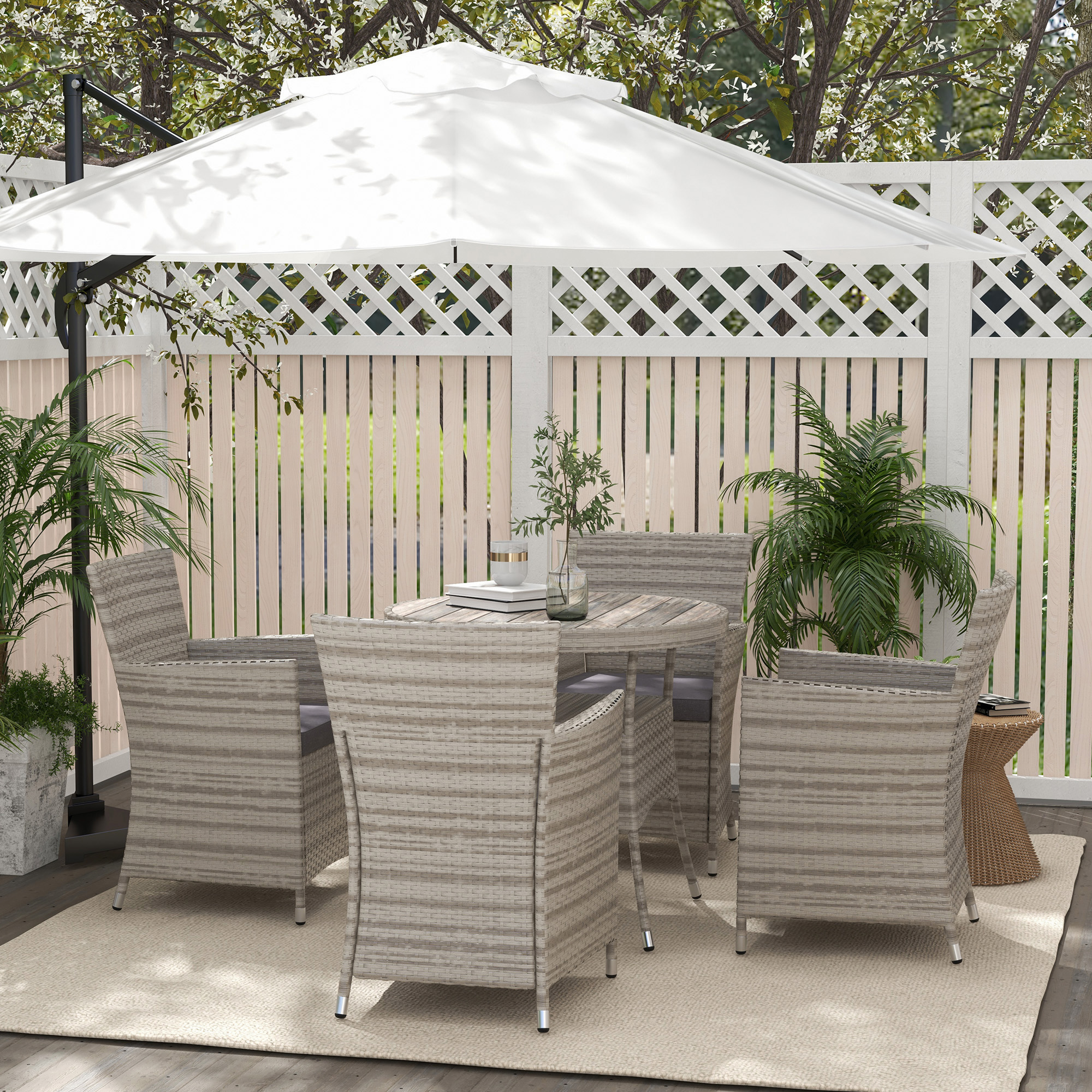 Outsunny Rattan Dining Set, 5 Pieces with Removable Cushions & Slatted Tabletop, Ideal for Patio, Lawn, Balcony, Grey