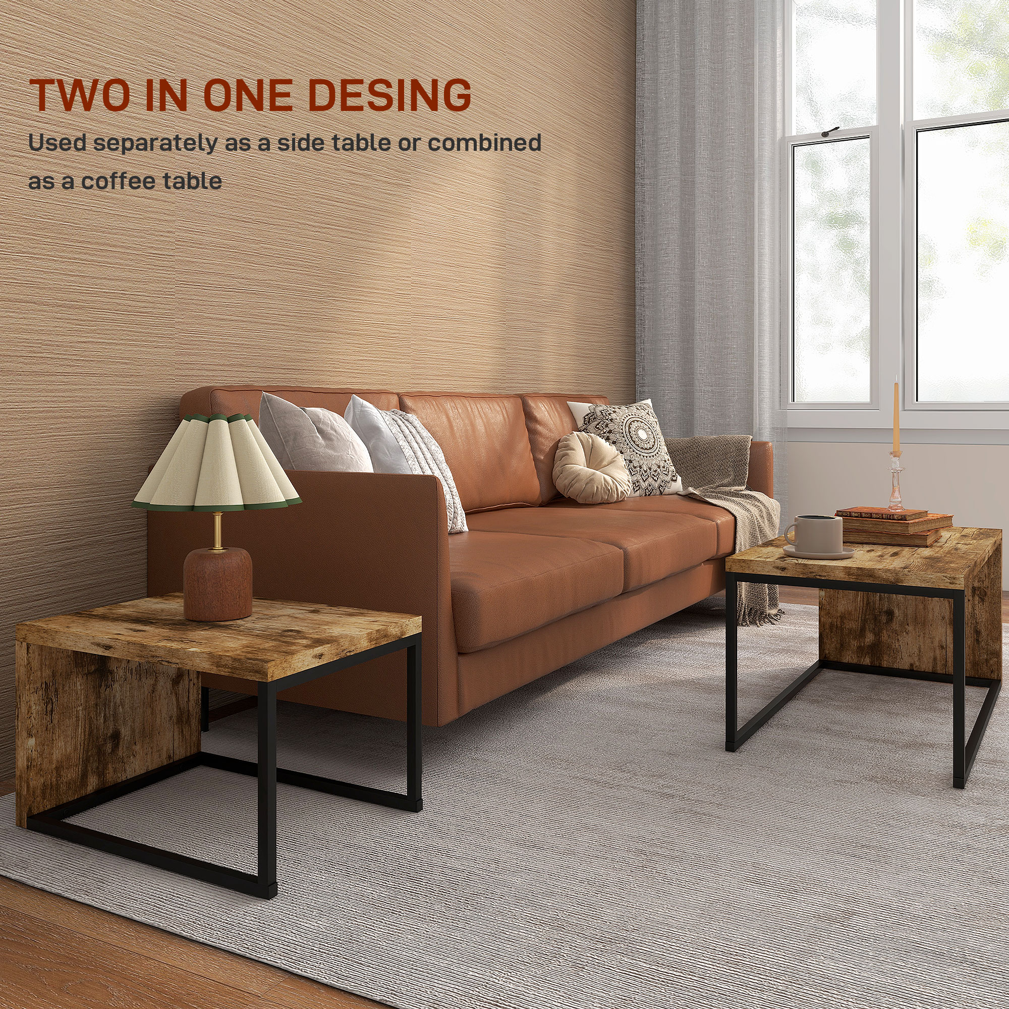HOMCOM Set of 2 Coffee Tables Industrial Style Tea Table, Side Table w/ Metal Frame for Living Room Bedroom Black & Brown
