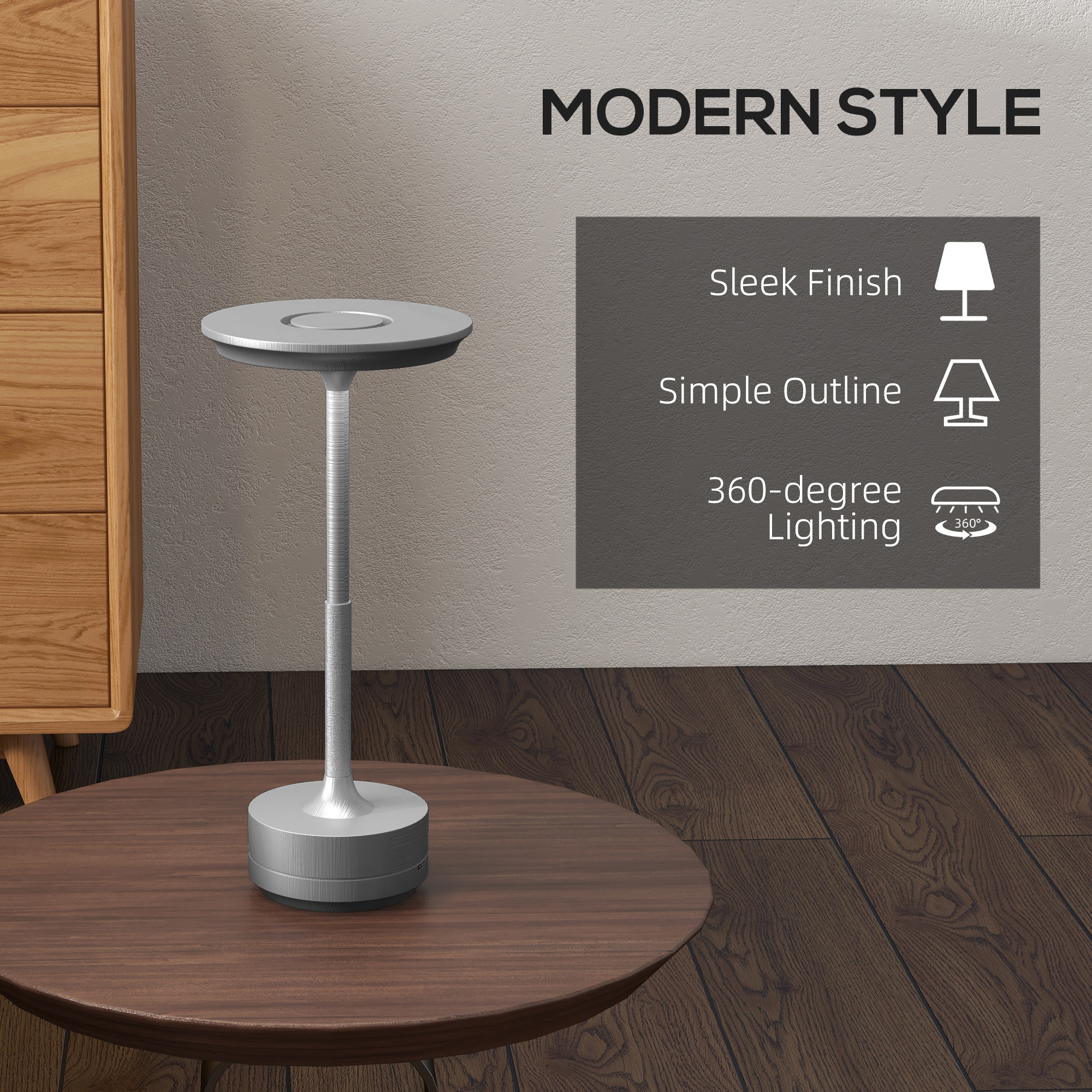 HOMCOM Cordless Table Lamp, Touch LED Desk Lamp with 4000mAh Rechargeable Battery, 3 Colour, for Bedroom Living Room, Silver