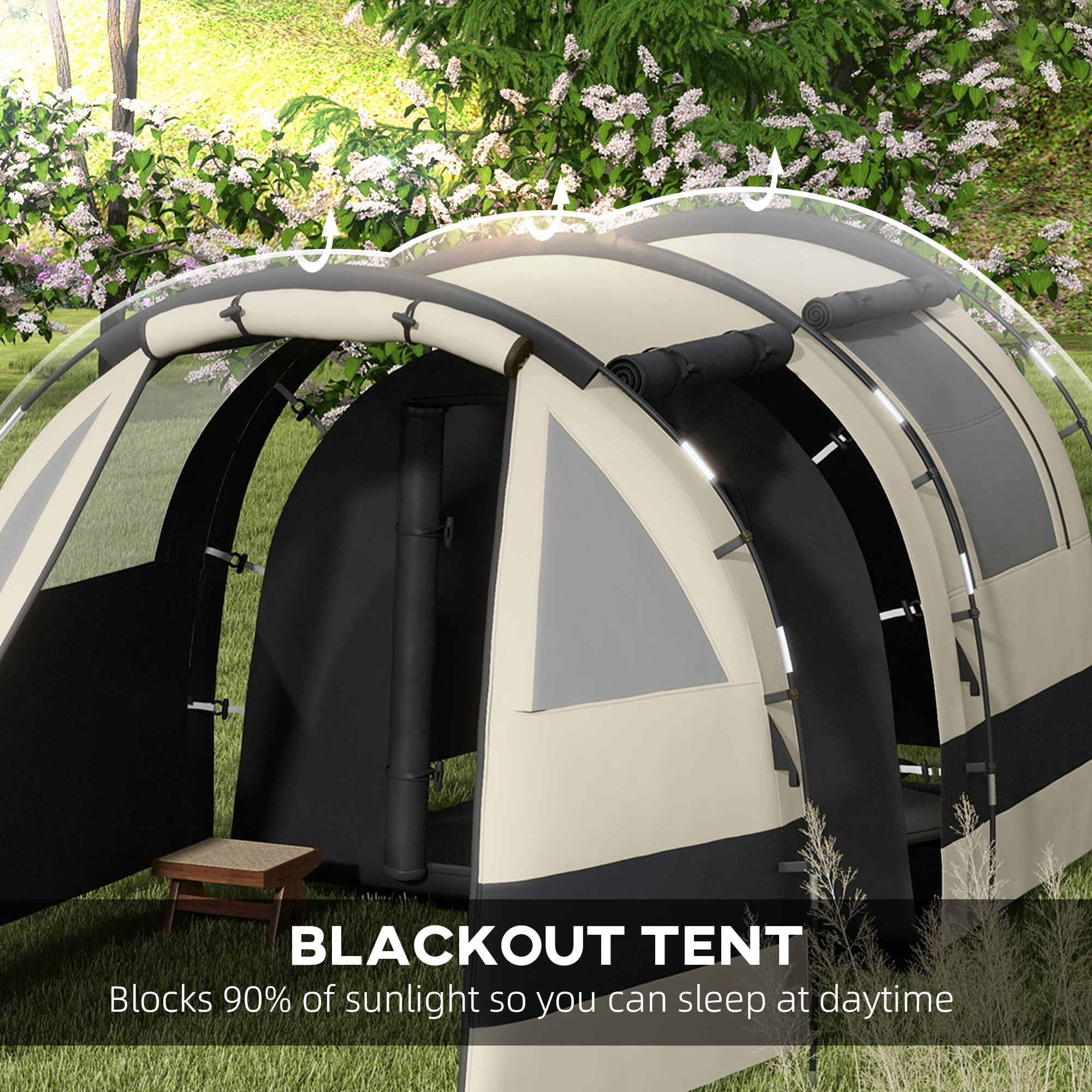 Outsunny Blackout Camping Tent for 4-5 Person, with Bedroom & Living Room, 3000mm Waterproof, for Fishing Hiking Festival, Khaki