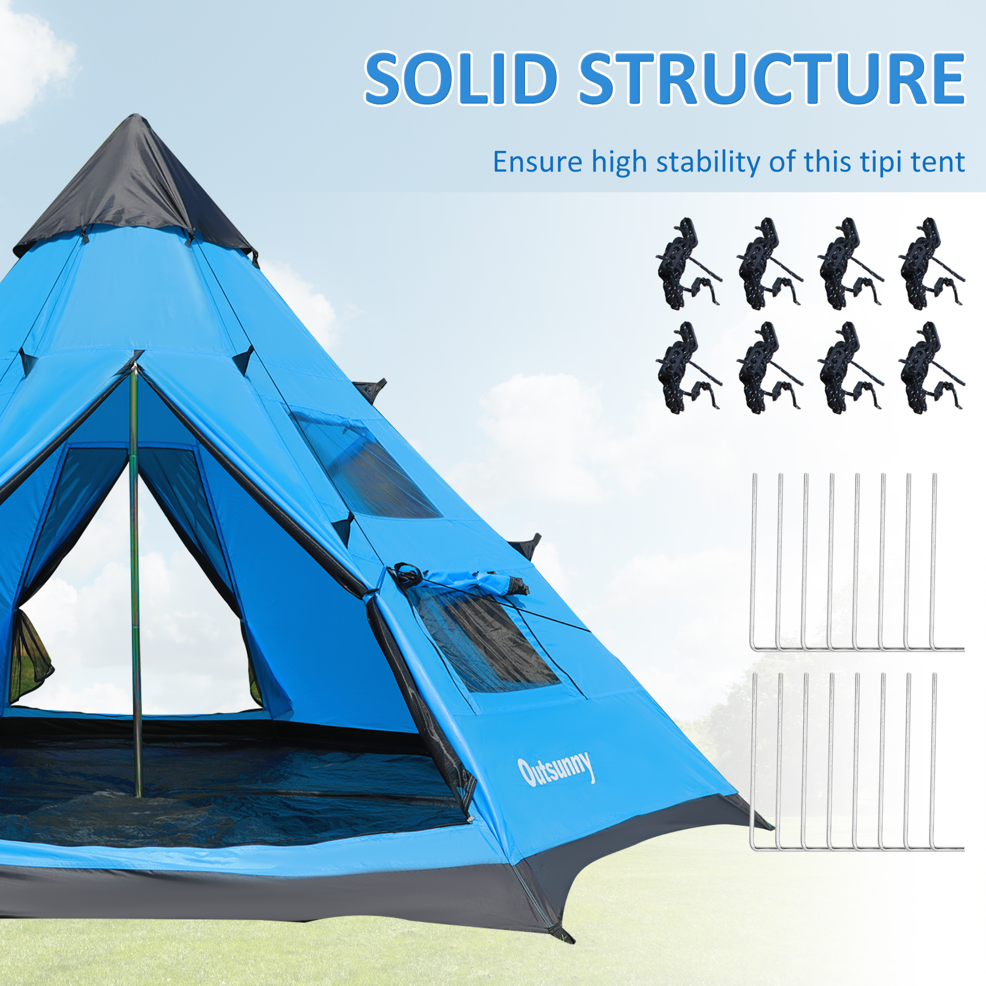 Outsunny 6 Men Tipi Tent, Camping Teepee Family Tent with Mesh Windows Zipped Door Carry Bag, Easy Set Up for Hiking Picnics Outdoor Night, Blue