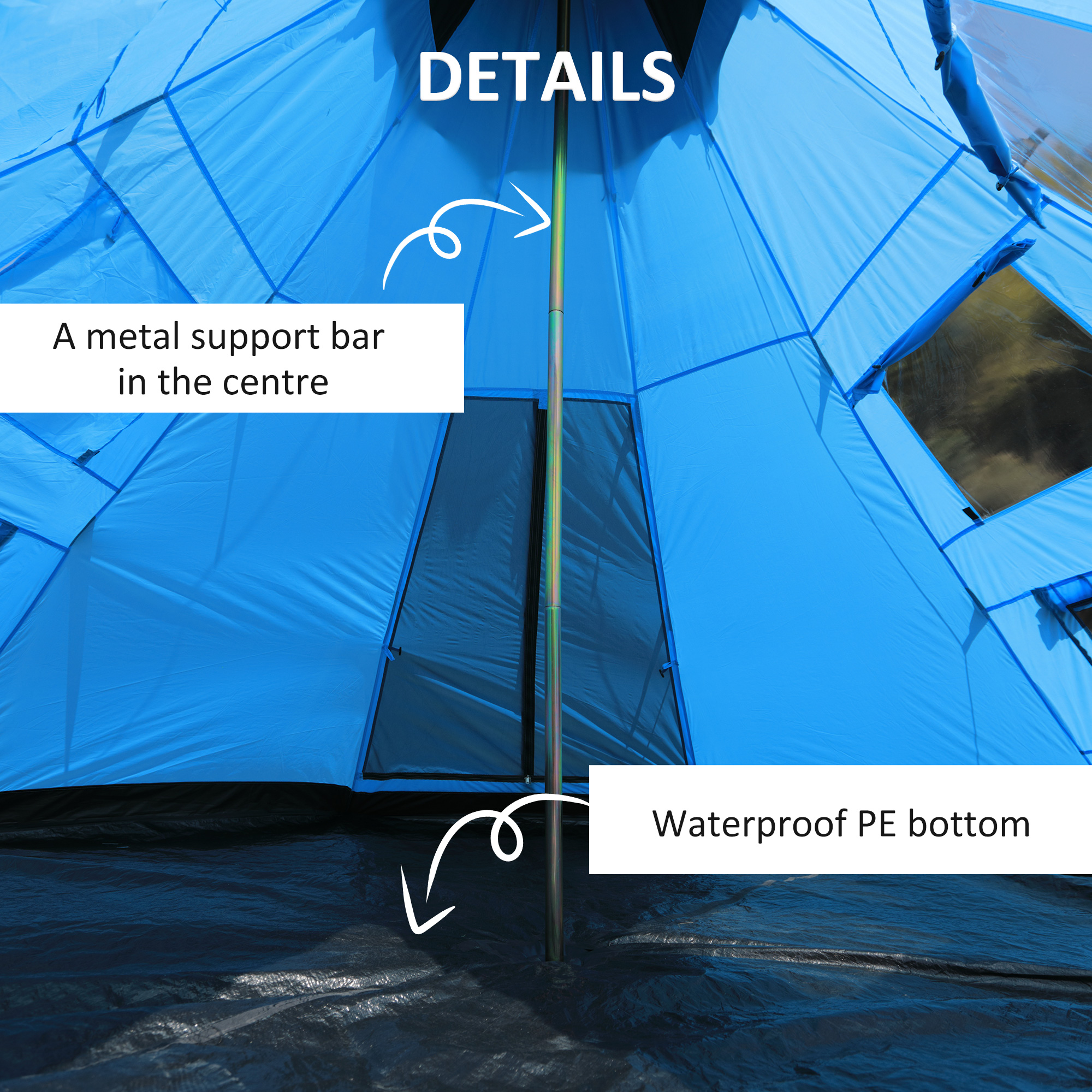 Outsunny 6 Men Tipi Tent, Camping Teepee Family Tent with Mesh Windows Zipped Door Carry Bag, Easy Set Up for Hiking Picnics Outdoor Night, Blue