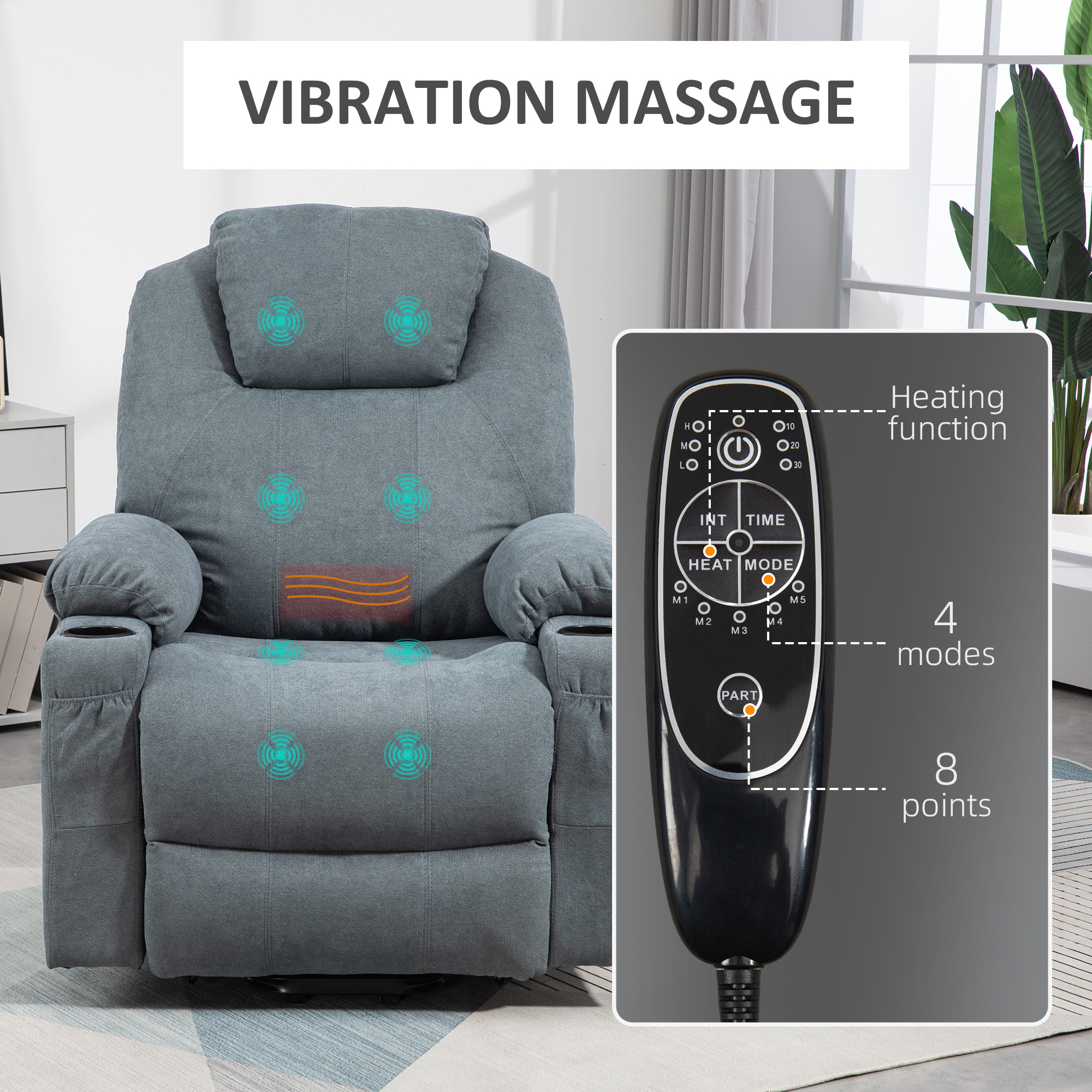 HOMCOM Lift Chair, Quick Assembly, Riser and Recliner Chair with Vibration Massage, Heat, Cup Holders, Charcoal Grey
