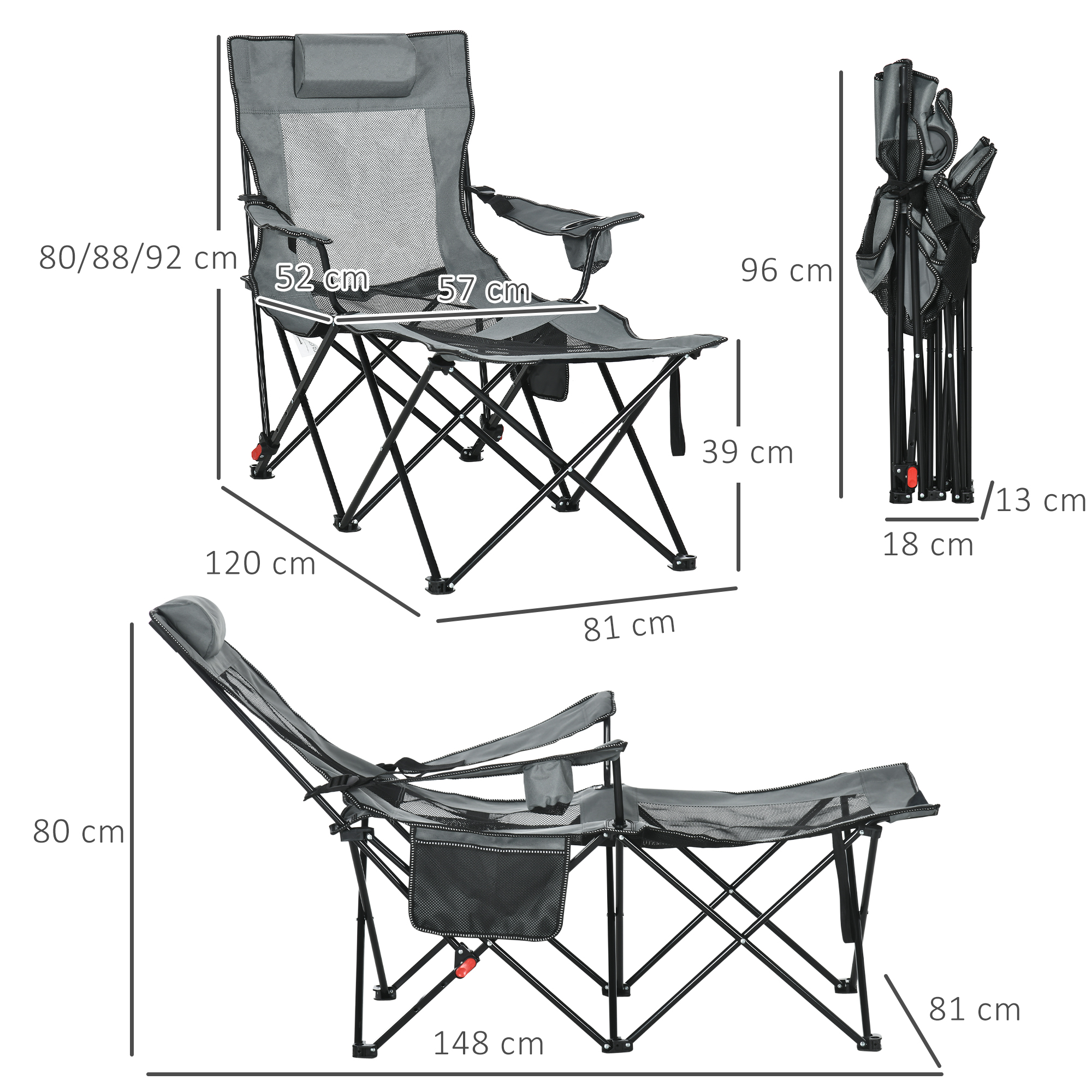 Outsunny Reclining Garden Chair, Foldable with Footrest, Adjustable Backrest, Headrest, Cup Holder, Carry Bag, Grey