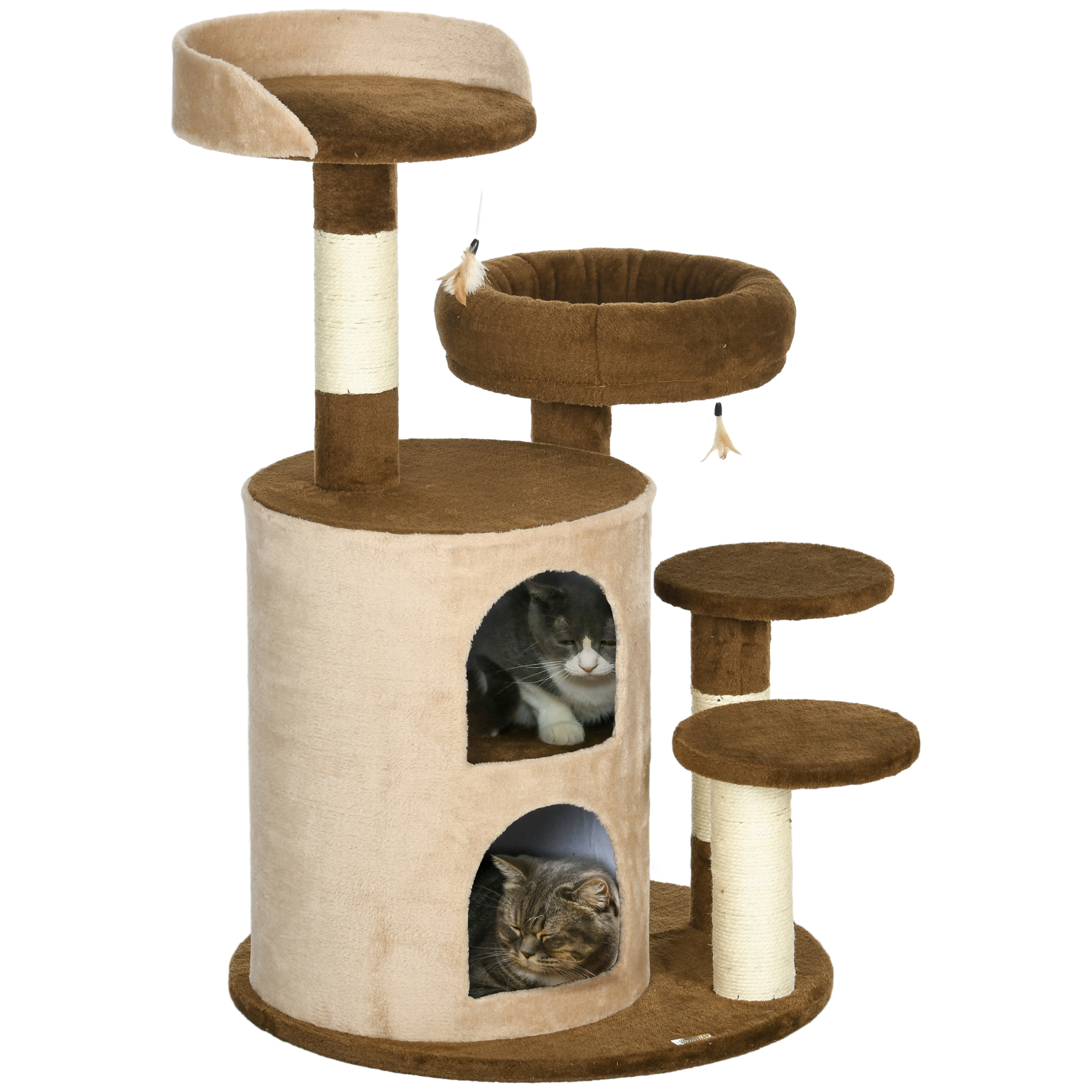 Poze PawHut Copac Pisici Interior cu Stâlpi Zgârieturi, 96cm, Apartament, 2 Paturi, Platforme, Jucării, Maro | Aosom Romania