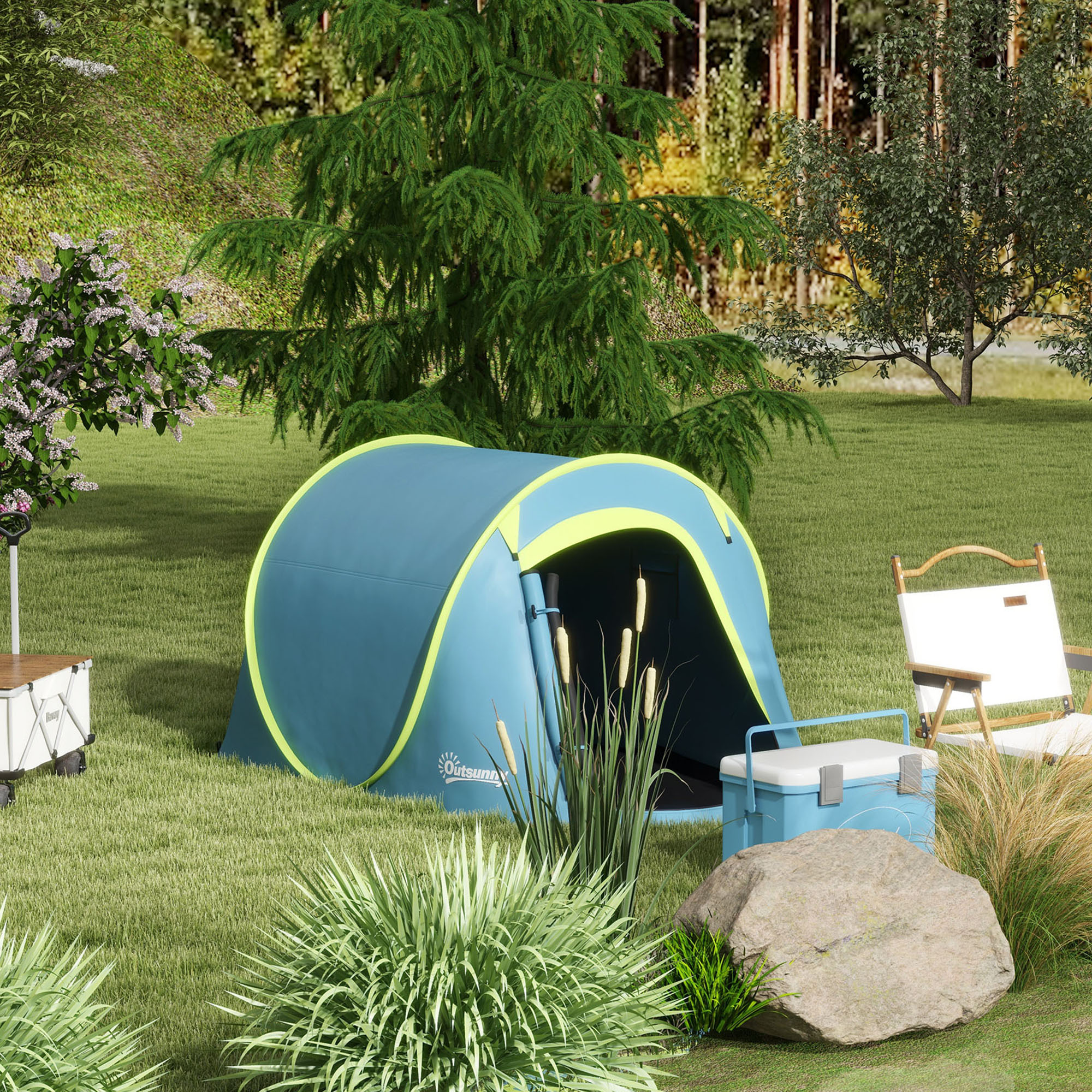Outsunny 2 Man Pop up Camping Tent, 2000mm Waterproof with Carry Bag for Fishing Hiking Backpacking, Blue