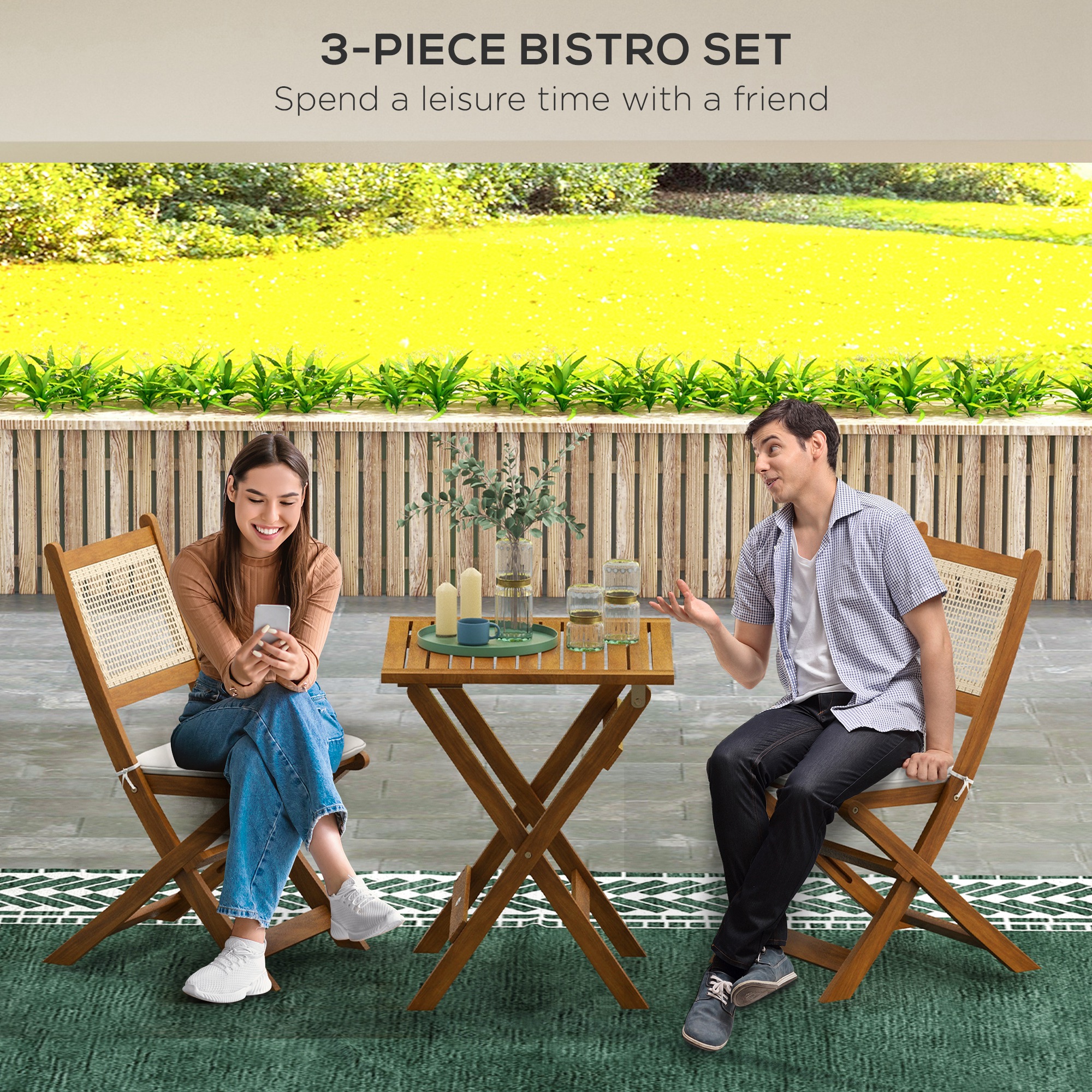 Outsunny Three-Piece Wooden Folding Bistro Dining Set - Natural