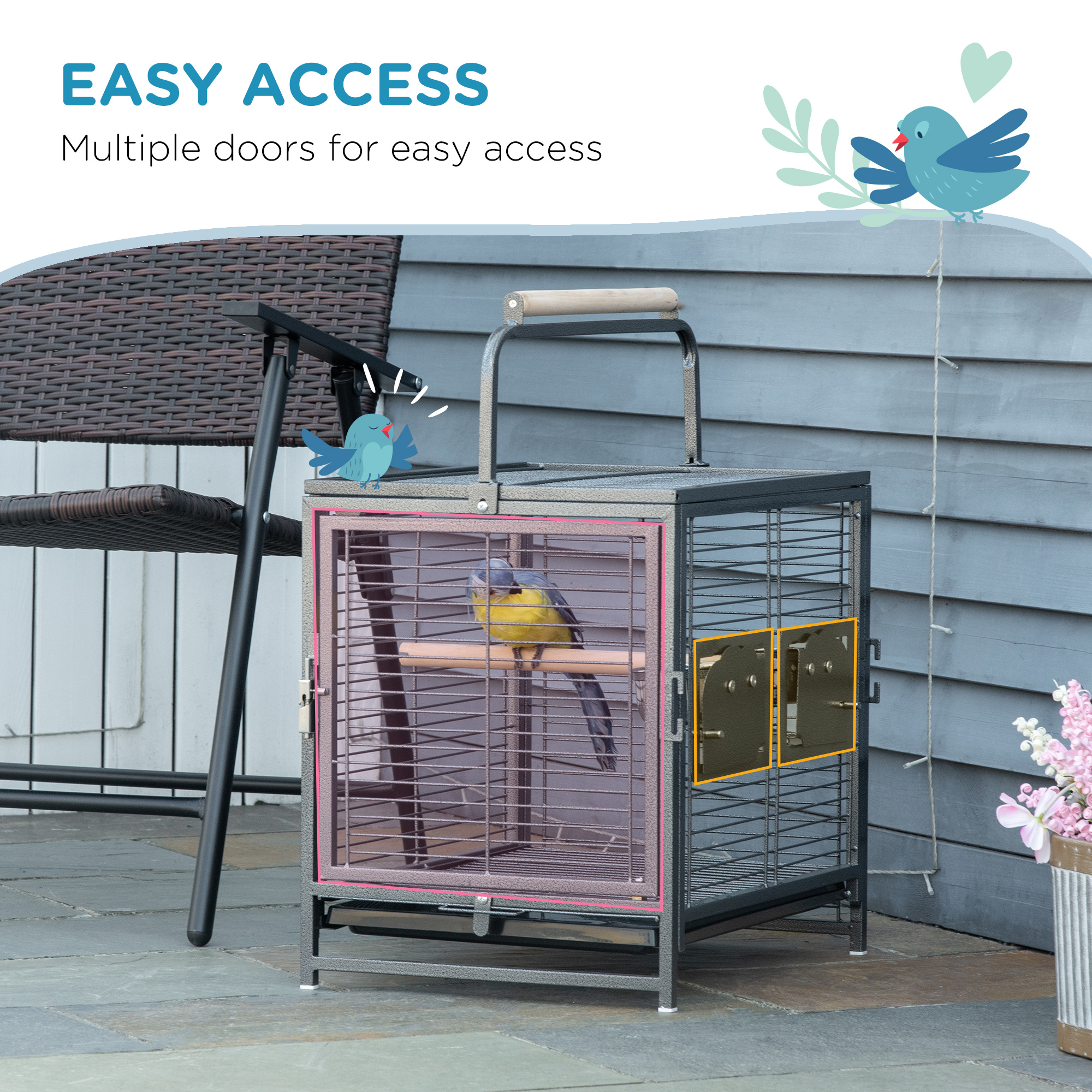 PawHut Metal Bird Cage, Portable Parrot Carrier for Green Cheek, Canary, Parakeet, Cockatiel, with Wooden Perch, Black