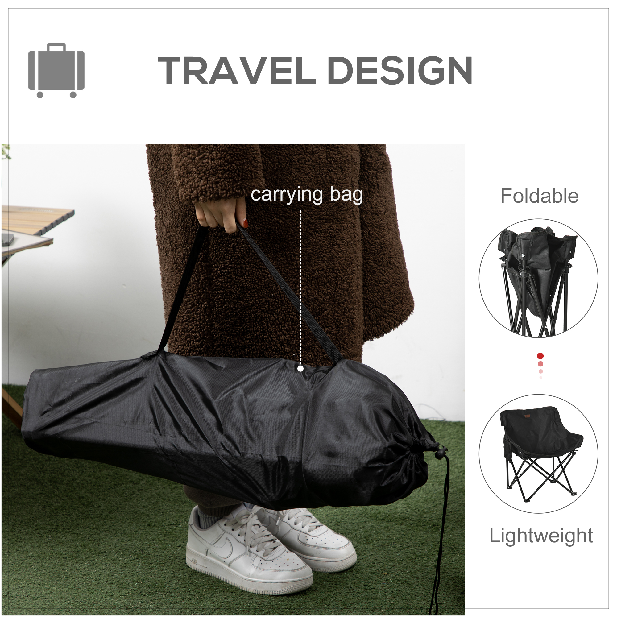 Outsunny Folding Camping Chair, Lightweight with Carry Bag, Storage Pocket, Ideal for Festivals, Fishing, Beach, Hiking, Black