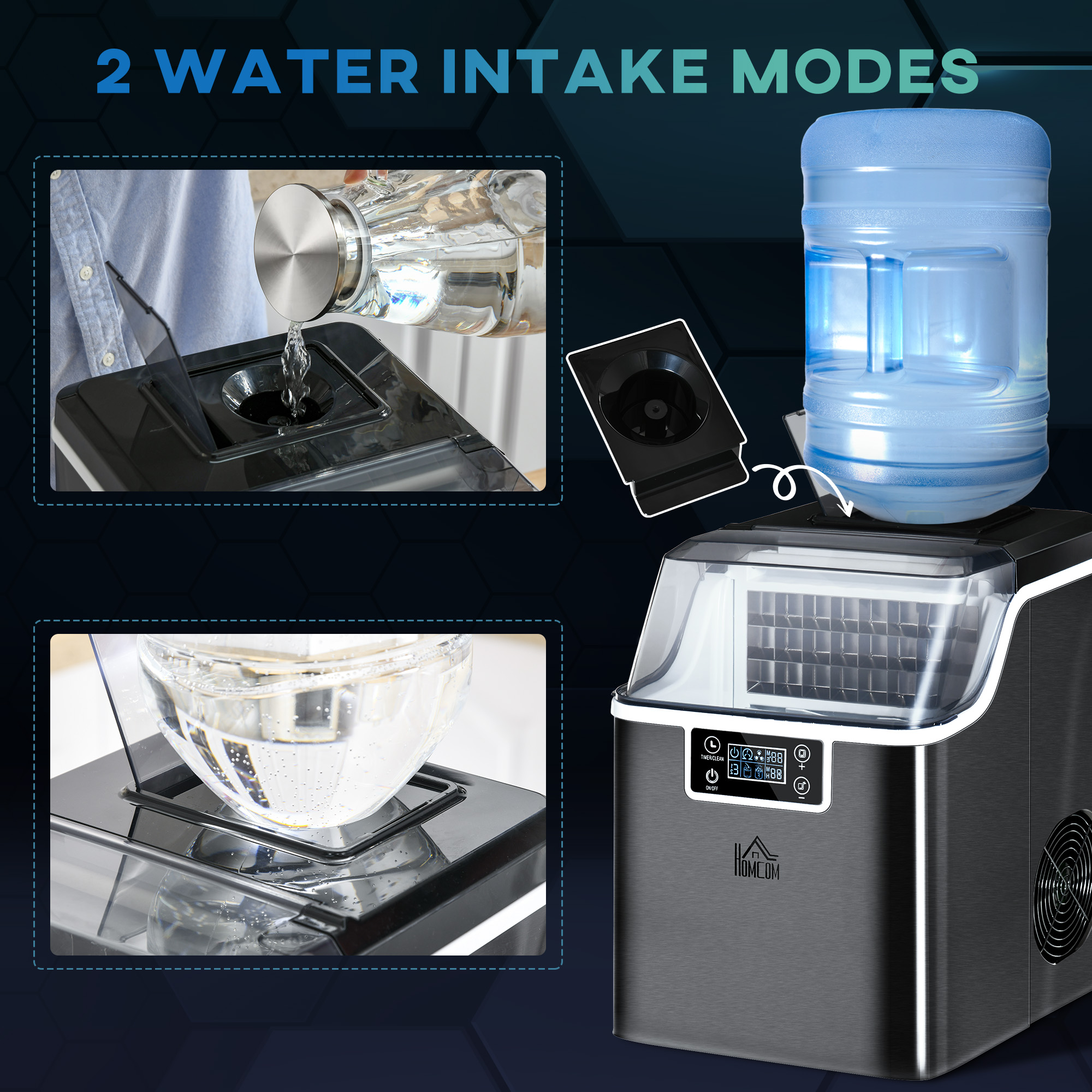 HOMCOM Ice Maker Machine Countertop, 20Kg in 24 Hrs, 24 Cubes Ready in 14-18Mins, Stainless Steel Ice Cube Maker, 3.2L w/ Adjustable