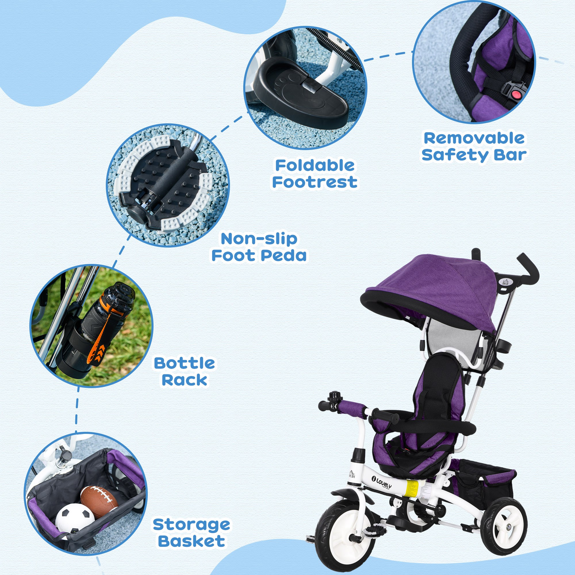 HOMCOM 4 in 1 Kids Trike Push Bike w/ Push Handle, Canopy, 5-point Safety Belt, Storage, Footrest, Brake, for 1-5 Years, Purple