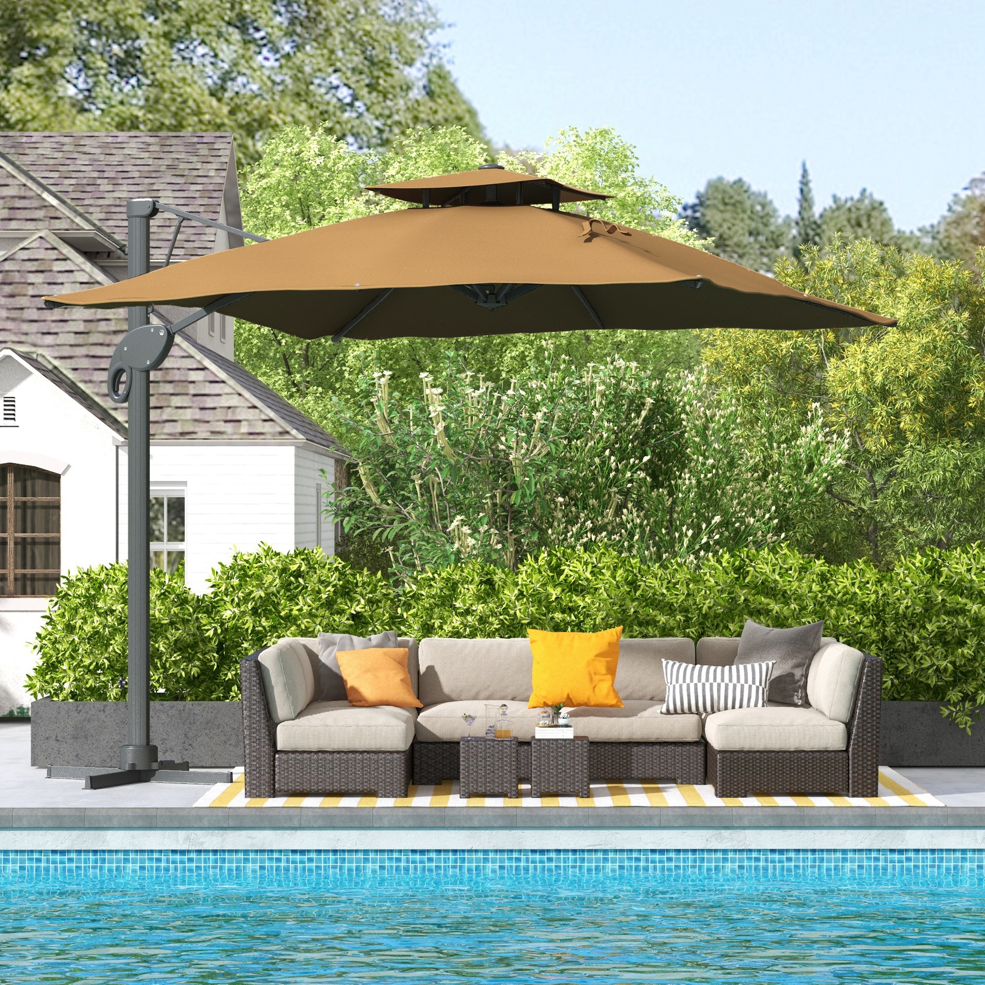 Outsunny Garden Parasol, 3(m) Cantilever Parasol with Hydraulic Mechanism, Dual Vented Top, 8 Ribs, Cross Base, Khaki