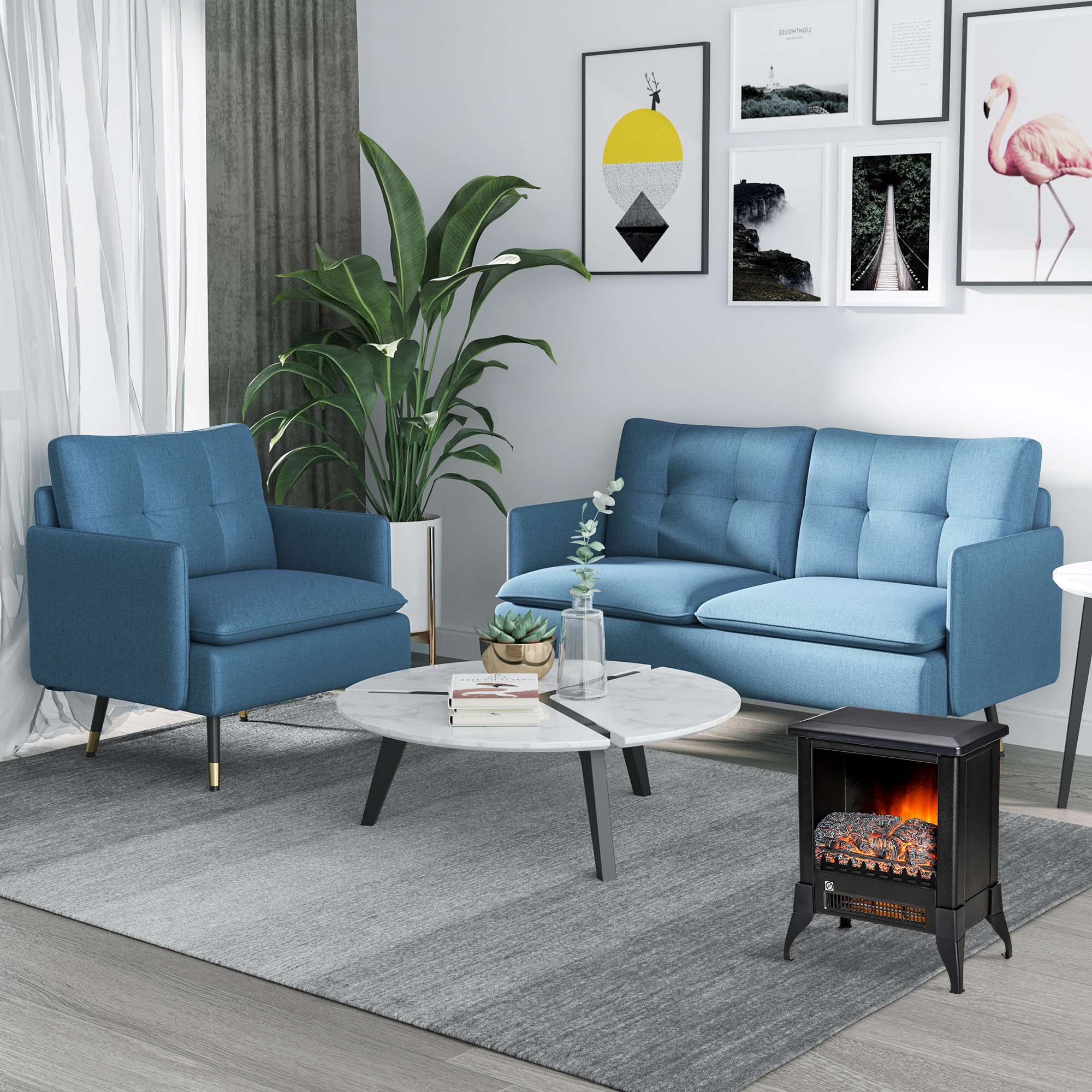 HOMCOM 2 Seater Sofas for Living Room, Fabric Couch, Button Tufted Love Seat with Cushions, Dark Blue