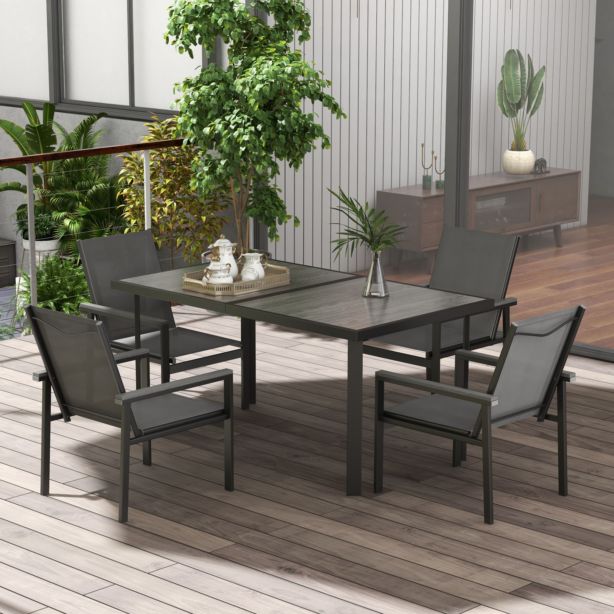 Outsunny 7 Pieces Garden Dining Set w/ Glass Top Dining Table, Outdoor Table and 6 Armchairs w/ Breathable Mesh Fabric Seats and Backrest
