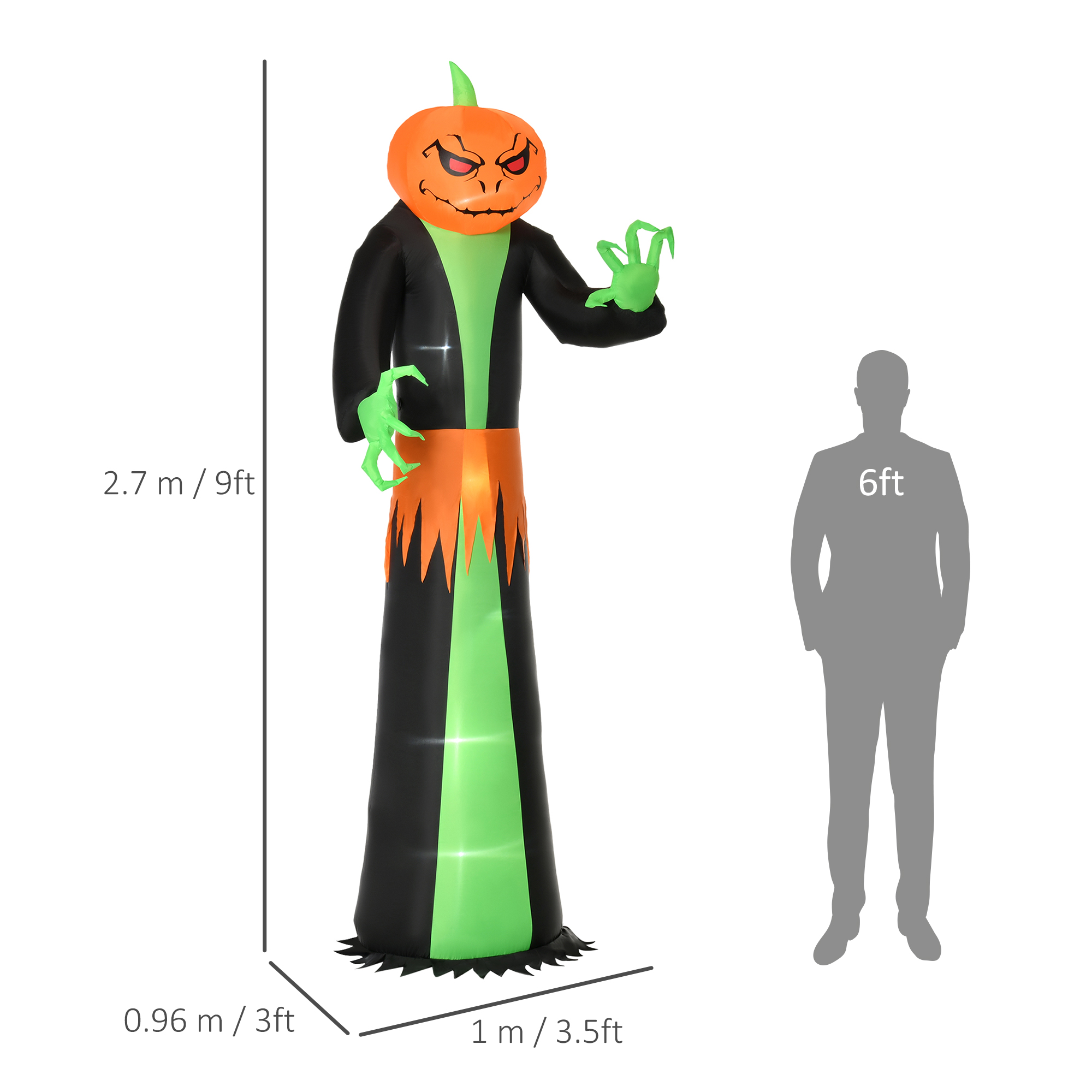 HOMCOM 9FT Inflatable Halloween Pumpkin Ghost with Build-in LED,  Outdoor Lighted Blow Up Inflatables for Party Indoor,Garden, Lawn
