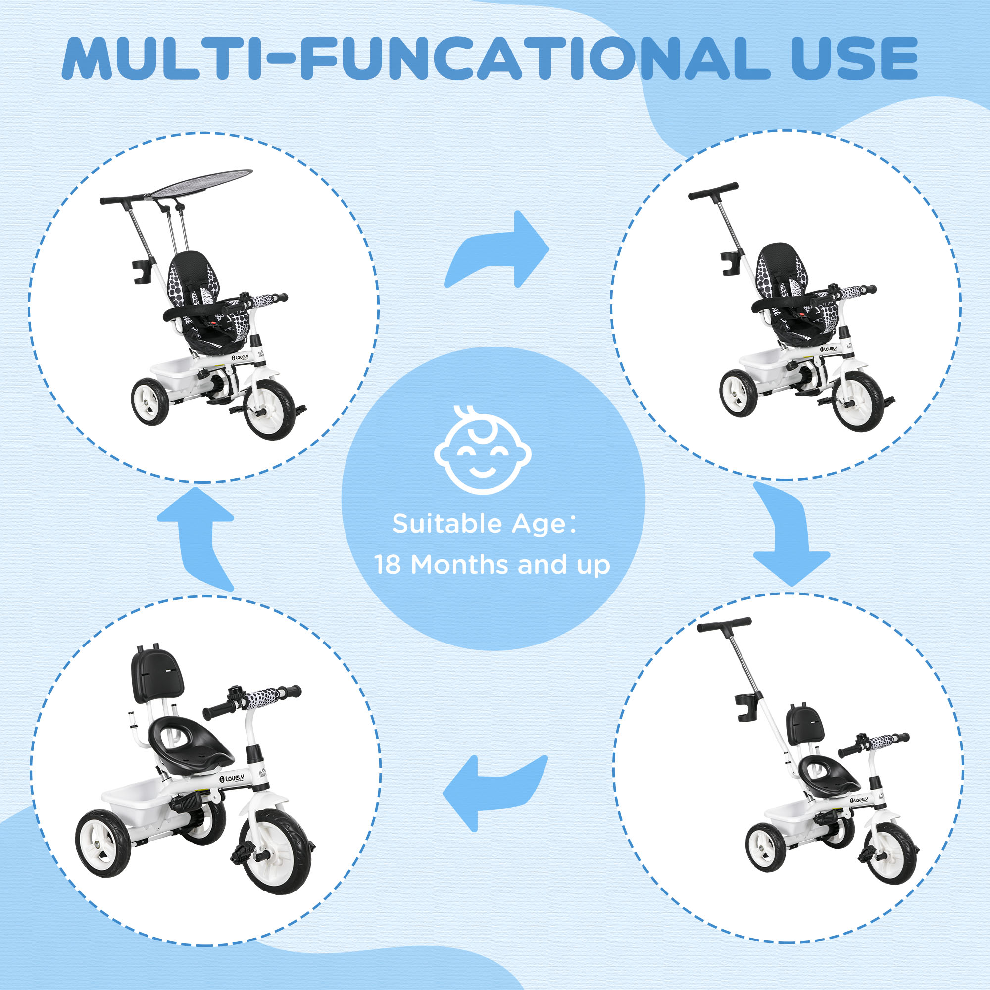 HOMCOM 4 in 1 Tricycle for Kids with 5-point harness straps, Removable Canopy, White
