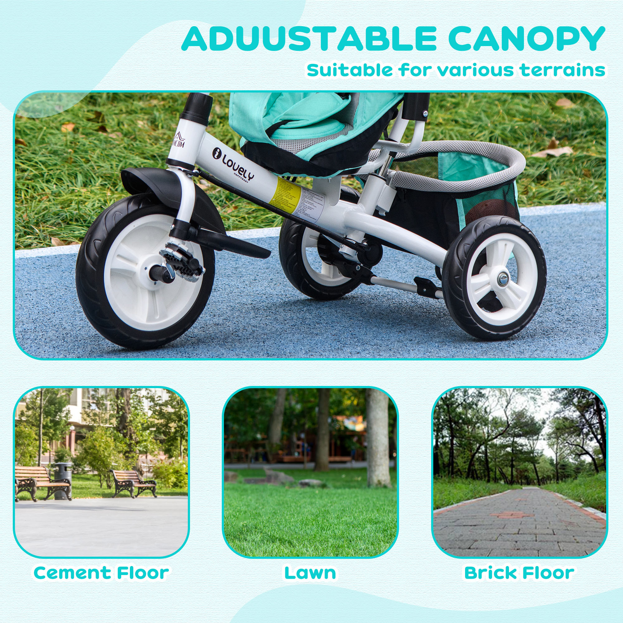 HOMCOM 4 in 1 Kids Trike Push Bike w/ Push Handle, Canopy, 5-point Safety Belt, Storage, Footrest, Brake, for 1-5 Years, Green