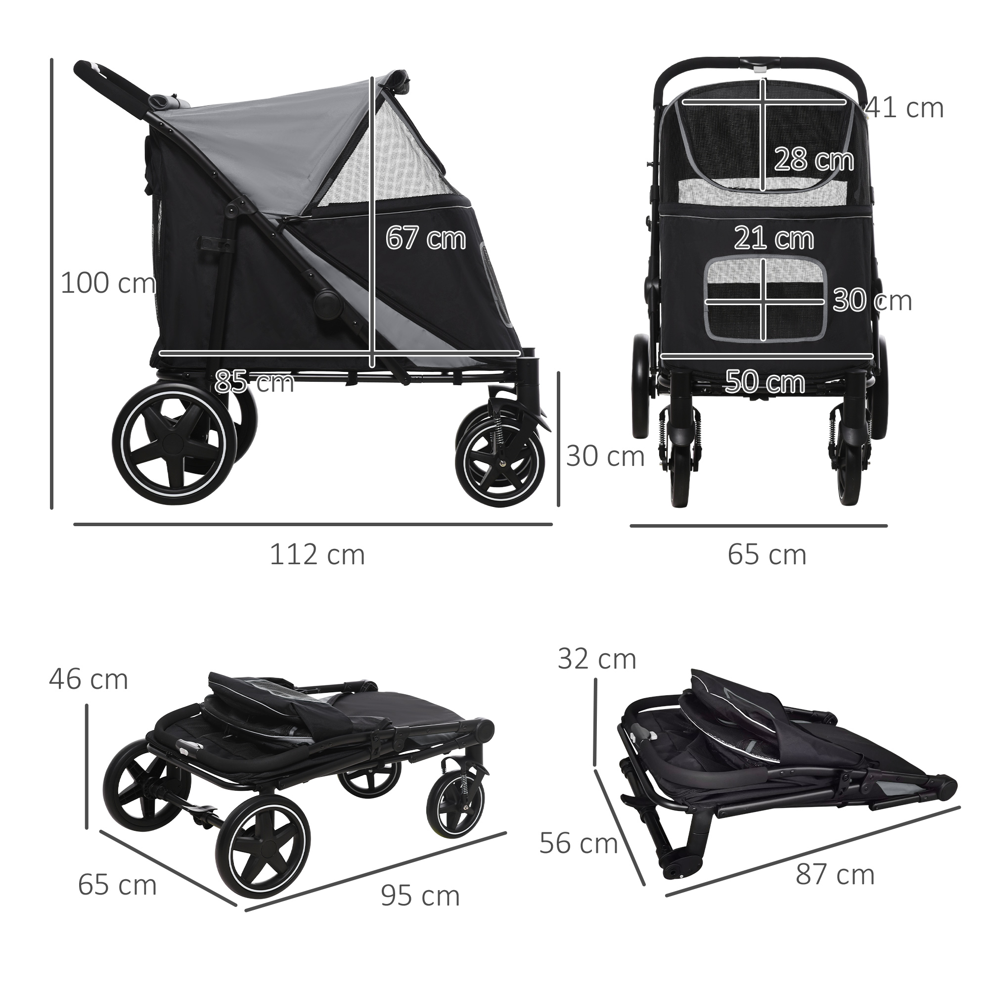PawHut One-Click Foldable Pet Stroller, with Universal Wheels, Shock absorber, for Medium and Large Dogs - Grey