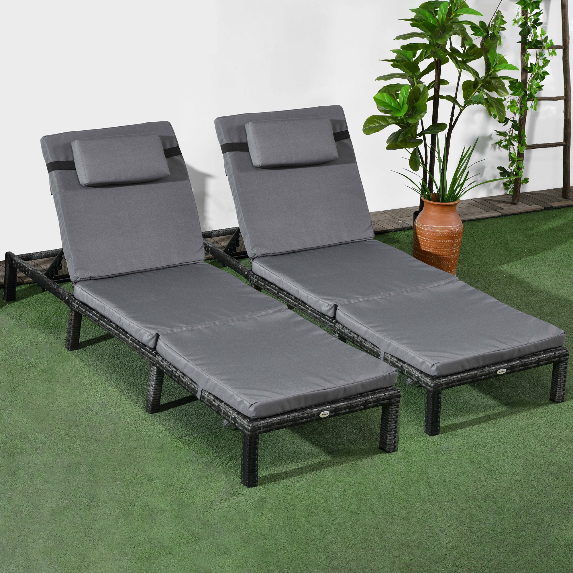 Outsunny Rattan Sun Loungers Set of 2 with 5-Level Adjustable Backrest, Wicker Lounge Chairs with Padded Cushion and Headrest for Outdoor, Poolside, Garden, Dark Grey
