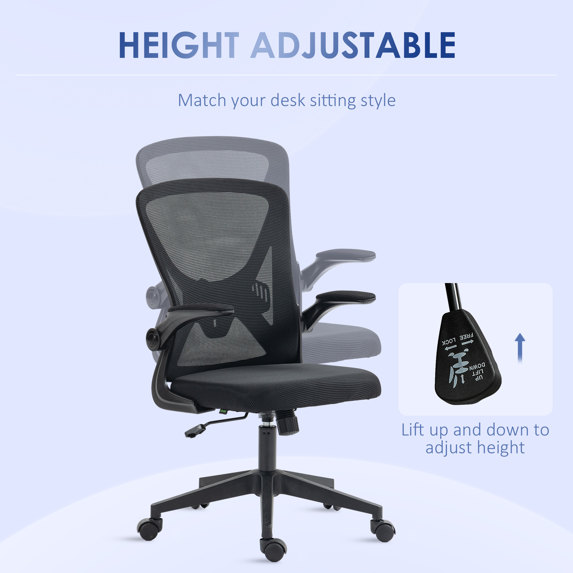 Vinsetto Task Desk Chair with Mesh, Lumbar Back Support, Adjustable Height, Flip-Up Arm, Swivel, Black