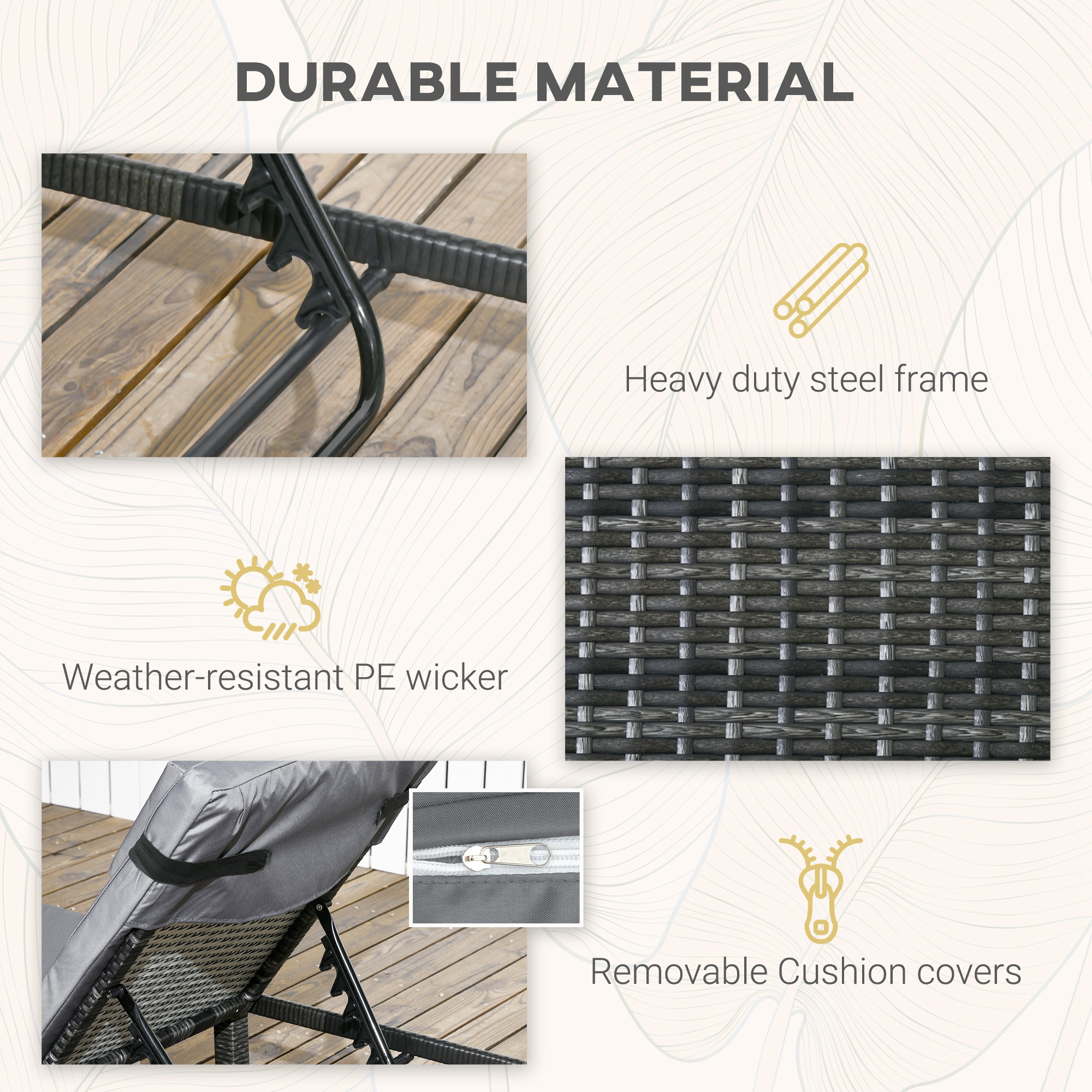 Outsunny Rattan Sun Loungers Set of 2 with 5-Level Adjustable Backrest, Wicker Lounge Chairs with Padded Cushion and Headrest for Outdoor, Poolside, Garden, Dark Grey