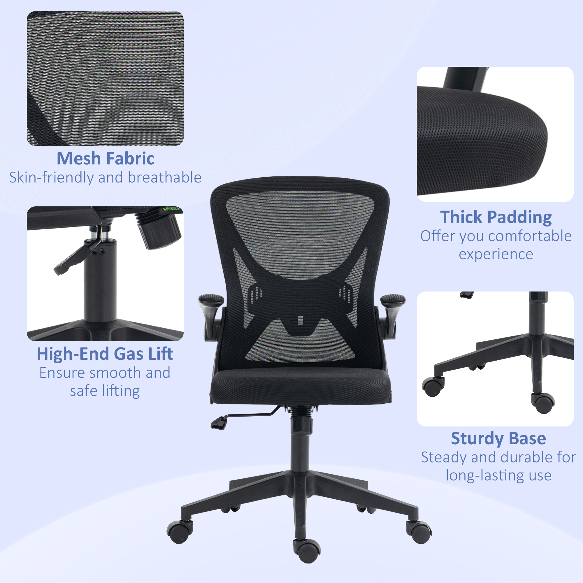 Vinsetto Task Desk Chair with Mesh, Lumbar Back Support, Adjustable Height, Flip-Up Arm, Swivel, Black