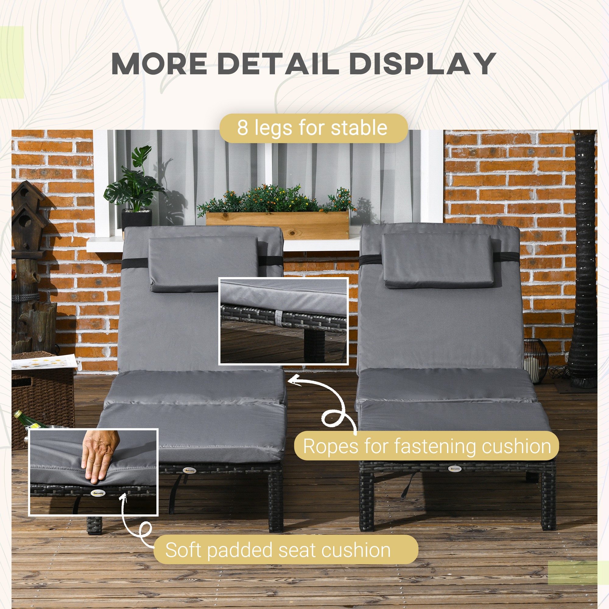 Outsunny Rattan Sun Loungers Set of 2 with 5-Level Adjustable Backrest, Wicker Lounge Chairs with Padded Cushion and Headrest for Outdoor, Poolside, Garden, Dark Grey