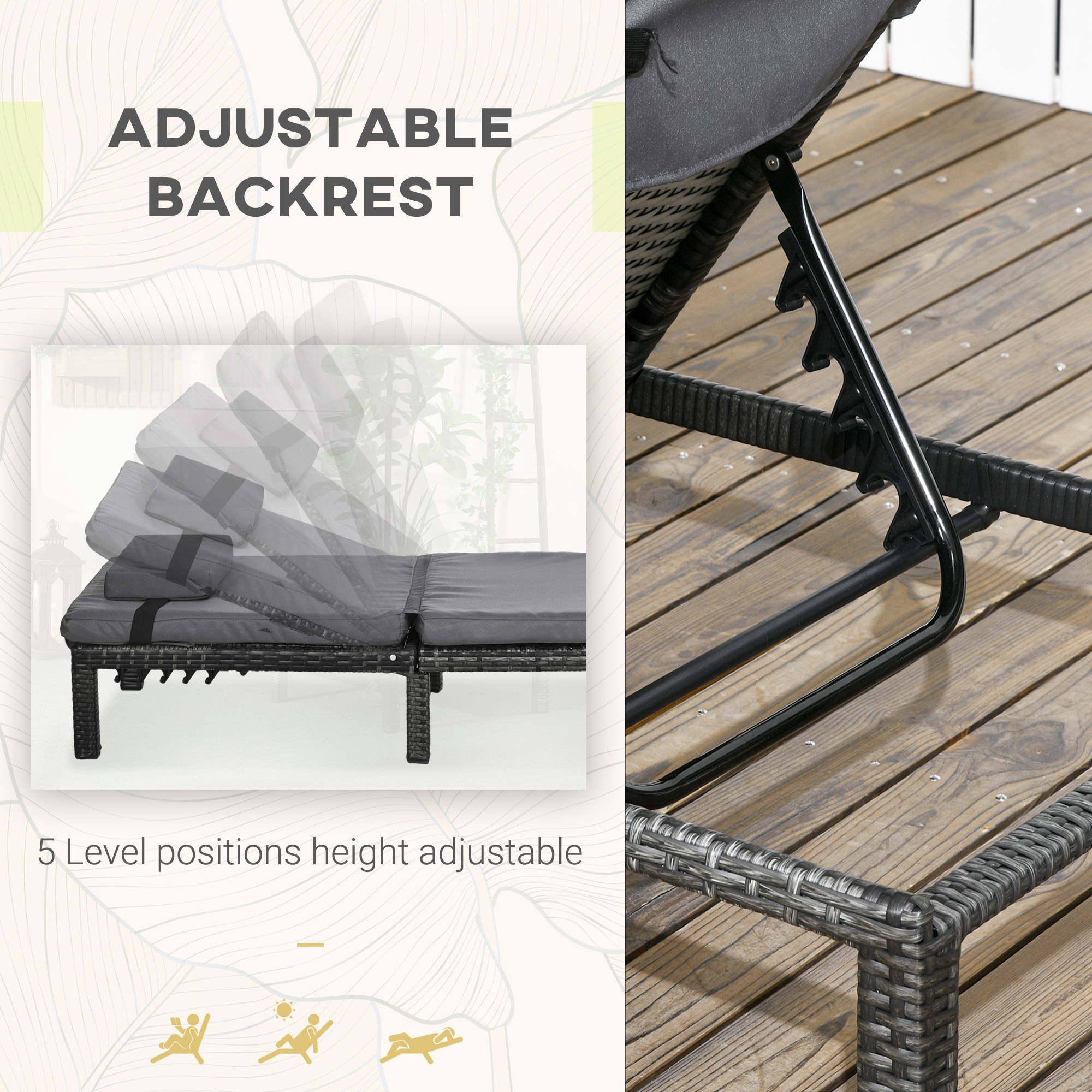 Outsunny Rattan Sun Loungers Set of 2 with 5-Level Adjustable Backrest, Wicker Lounge Chairs with Padded Cushion and Headrest for Outdoor, Poolside, Garden, Dark Grey