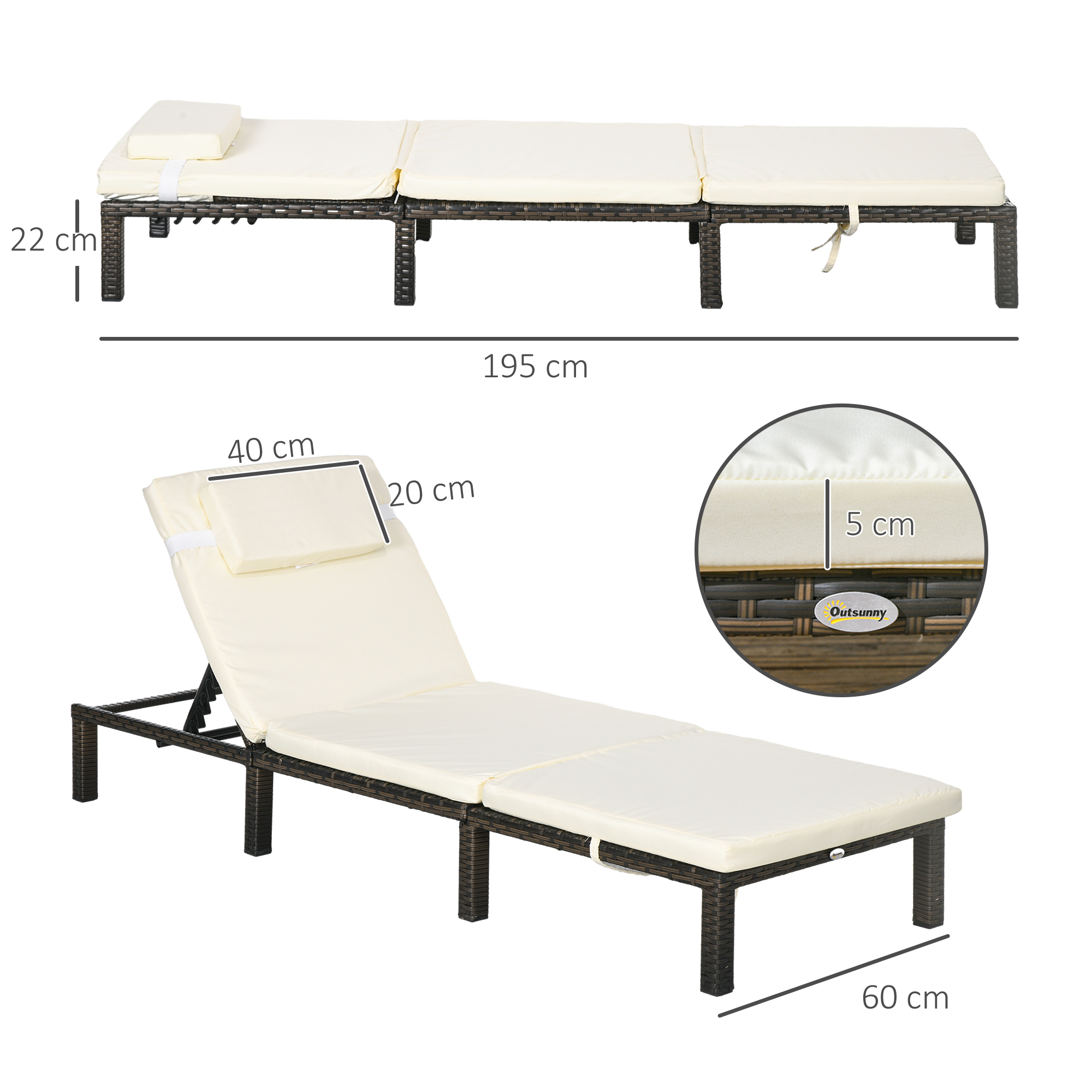 Outsunny Rattan Sun Loungers Set of 2 with 5-Level Adjustable Backrest, Wicker Lounge Chairs with Padded Cushion and Headrest for Outdoor, Poolside, Garden, Cream White