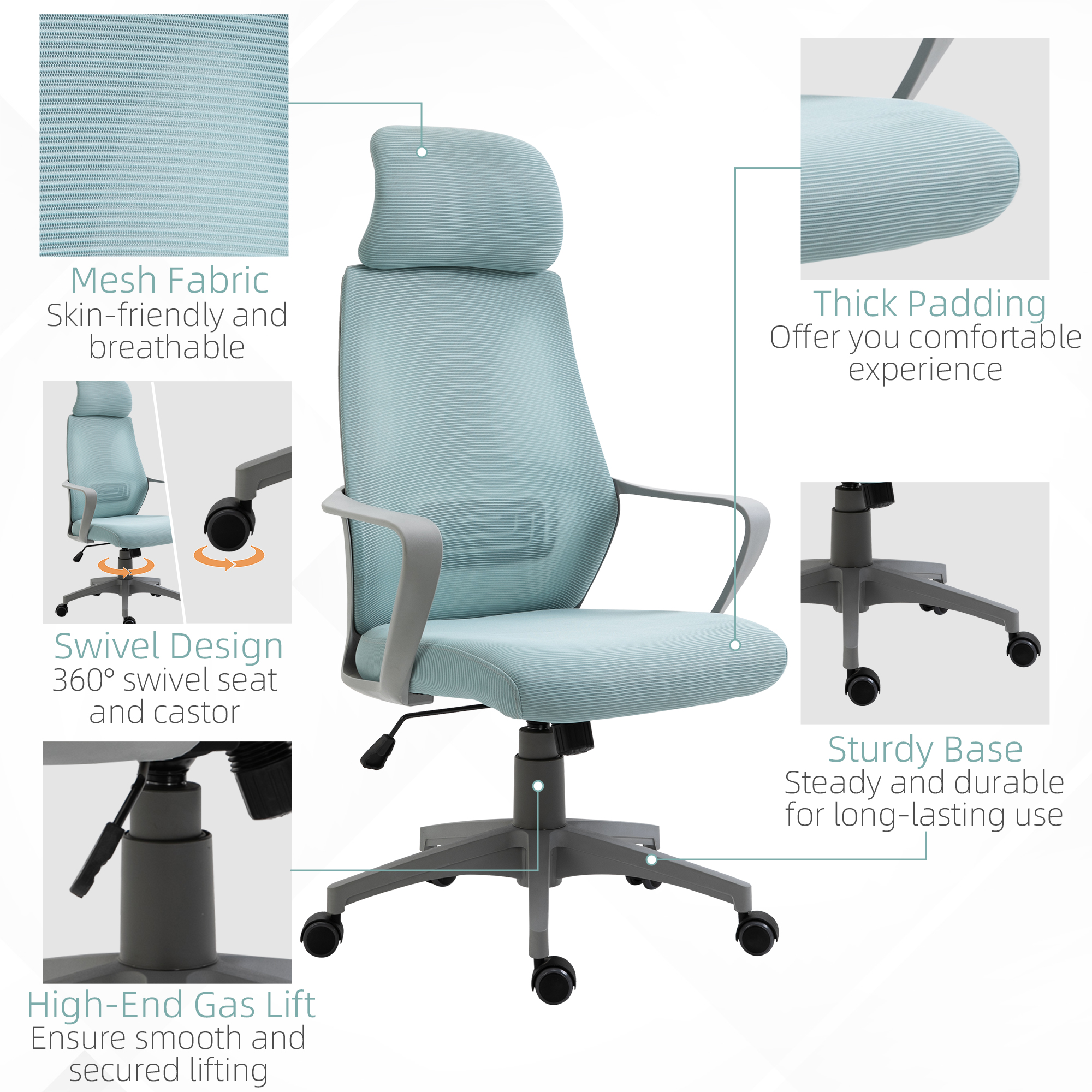 Vinsetto Ergonomic Mesh Office Chair with Wheels, High Back, Adjustable Height, Home Office Comfort, Blue