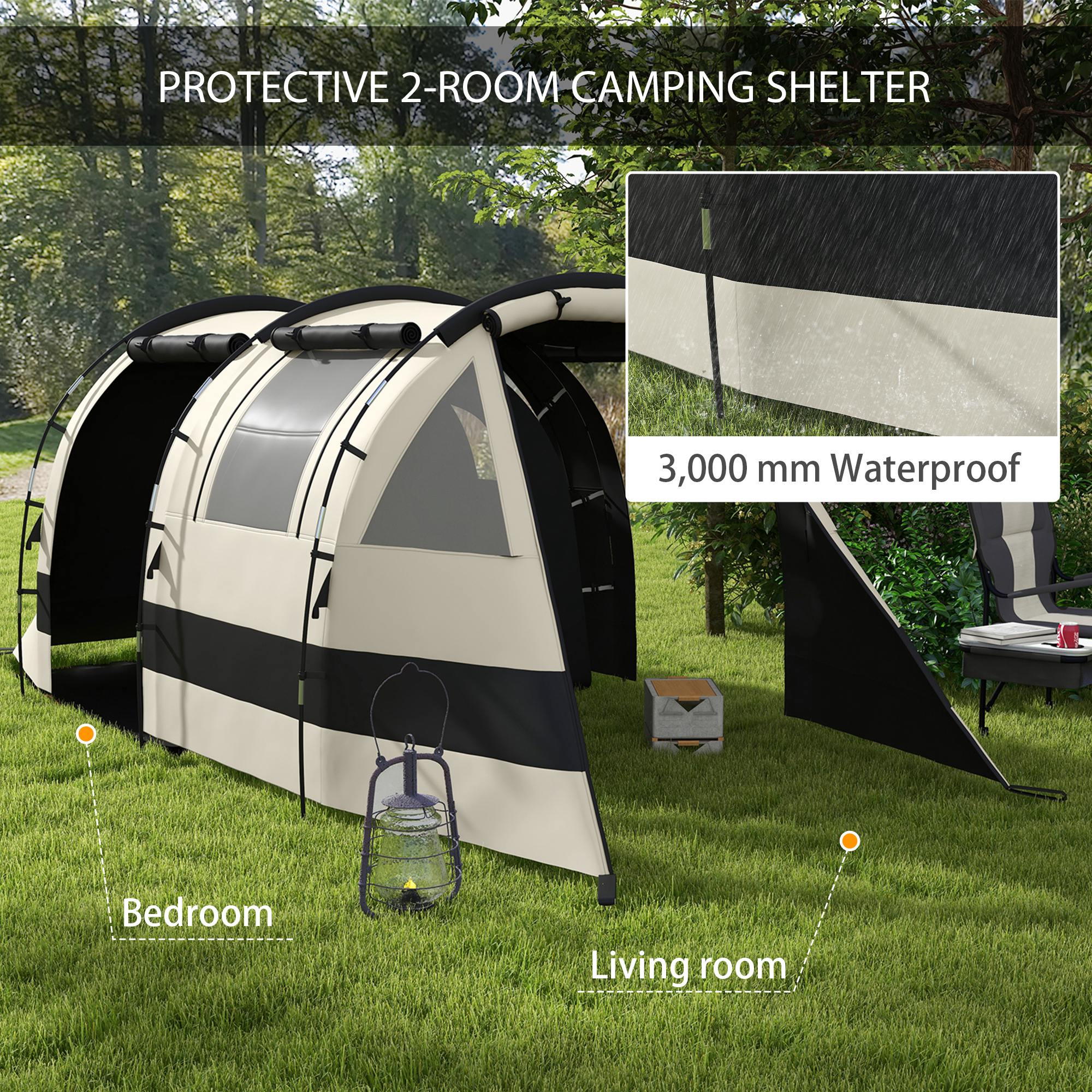 Outsunny Blackout Camping Tent for 4-5 Person, with Bedroom & Living Room, 3000mm Waterproof, for Fishing Hiking Festival, Khaki