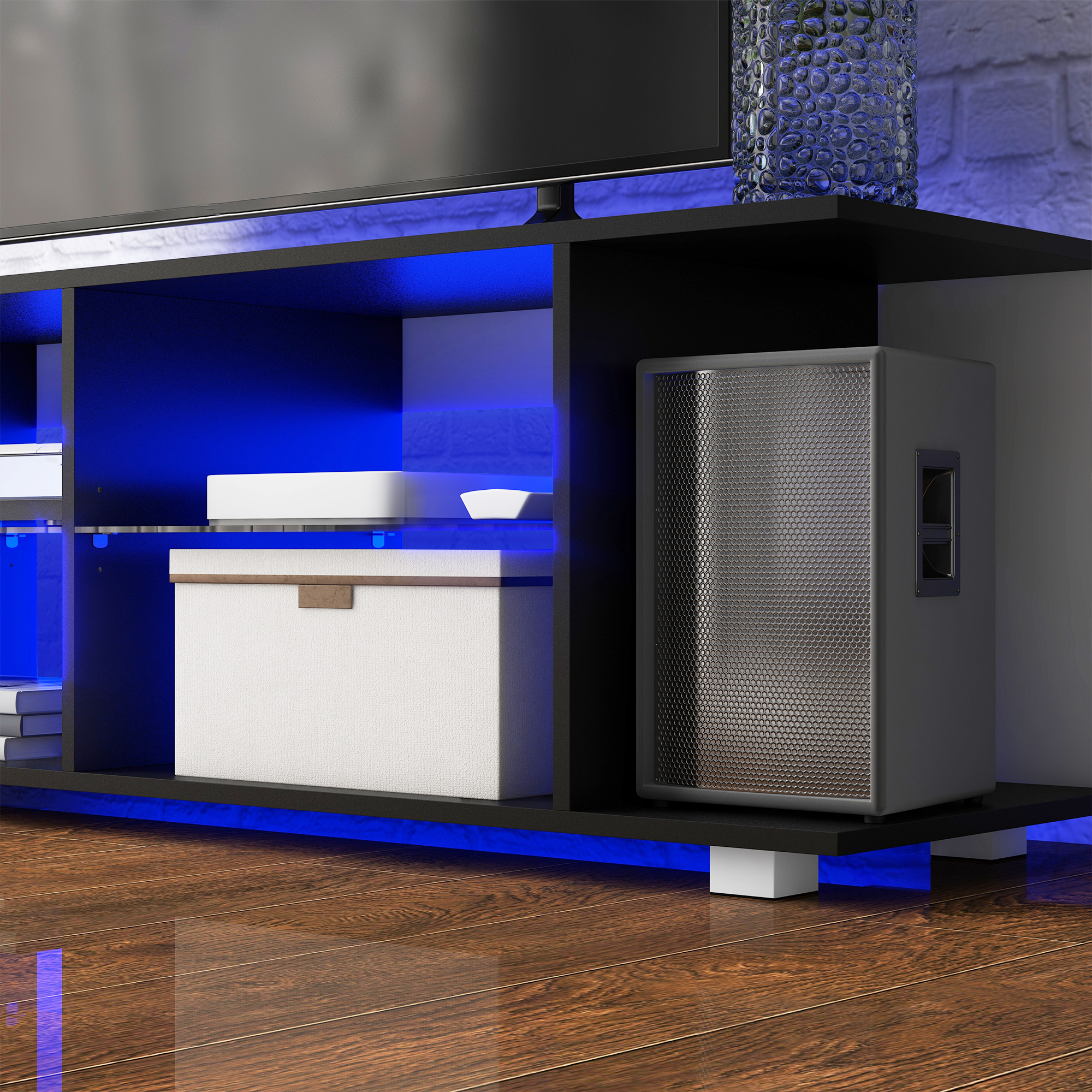 HOMCOM TV Stand, 145cm Modern TV Unit with Glass Shelves, RGB LED Light for 32 40 43 50 52 55 60 inch 4k TV, Black