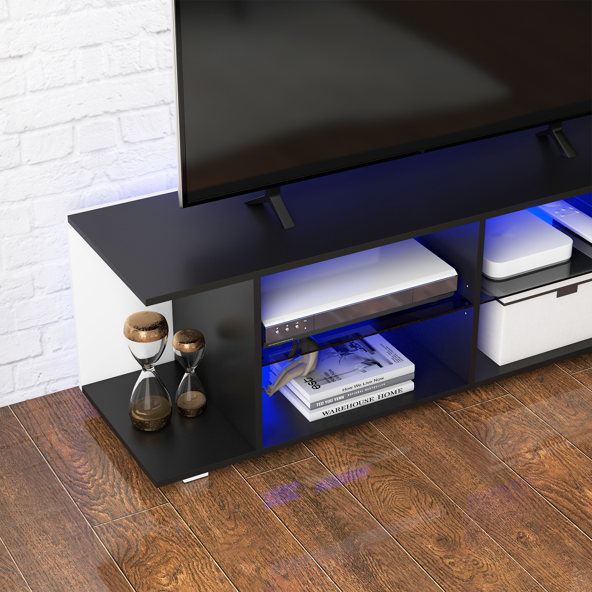 HOMCOM TV Stand, 145cm Modern TV Unit with Glass Shelves, RGB LED Light for 32 40 43 50 52 55 60 inch 4k TV, Black