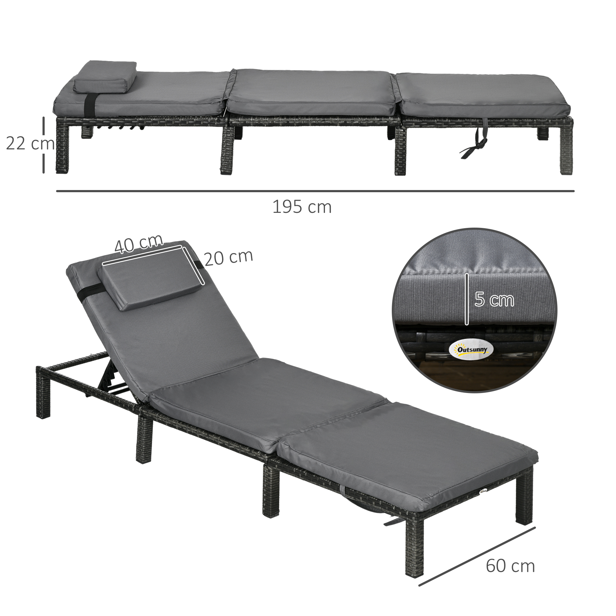 Outsunny Rattan Sun Loungers Set of 2 with 5-Level Adjustable Backrest, Wicker Lounge Chairs with Padded Cushion and Headrest for Outdoor, Poolside, Garden, Dark Grey
