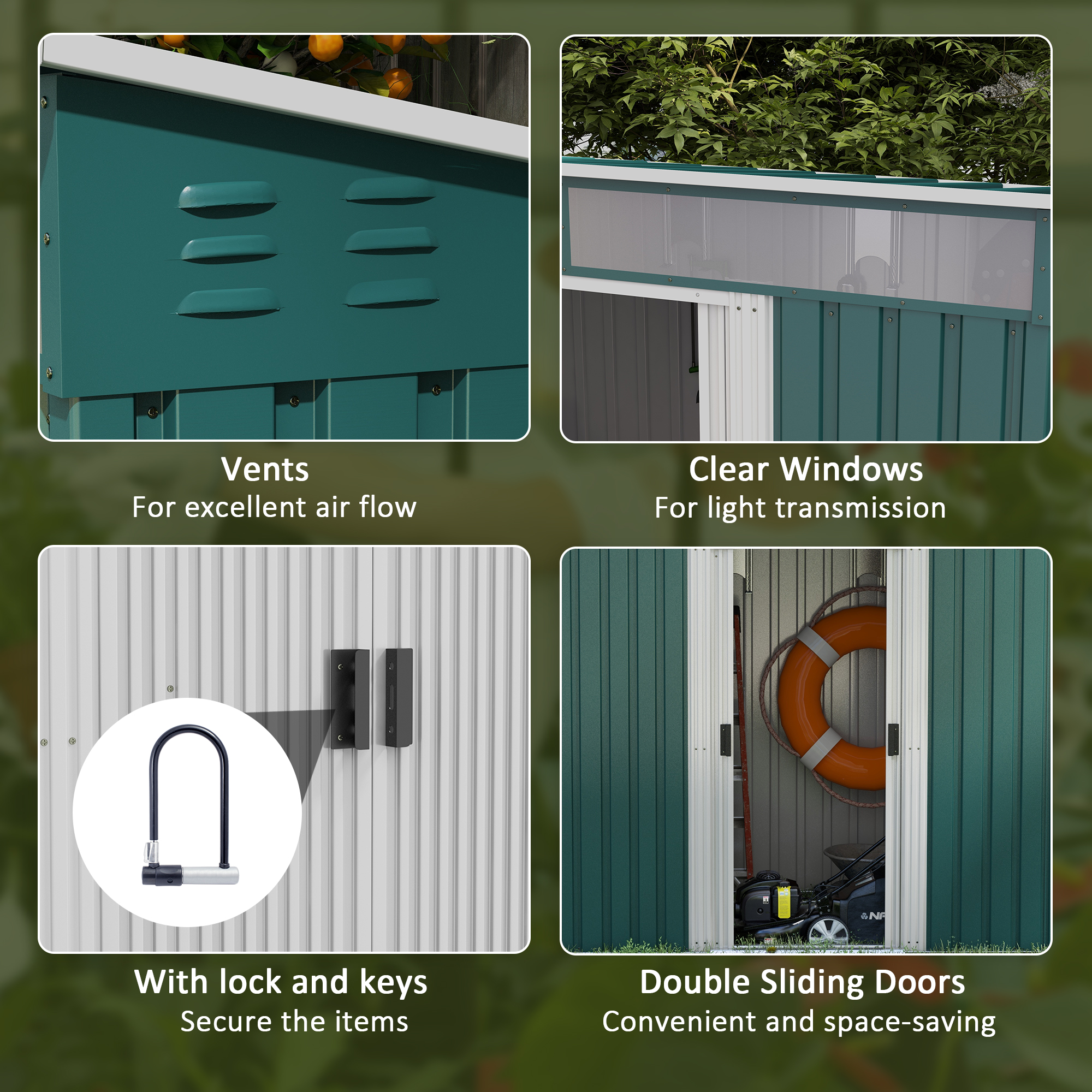 Outsunny 6.5 x 4FT Galvanised Metal Shed with Foundation, Lockable Tool Garden Shed with Double Sliding Doors and 2 Vents, Green