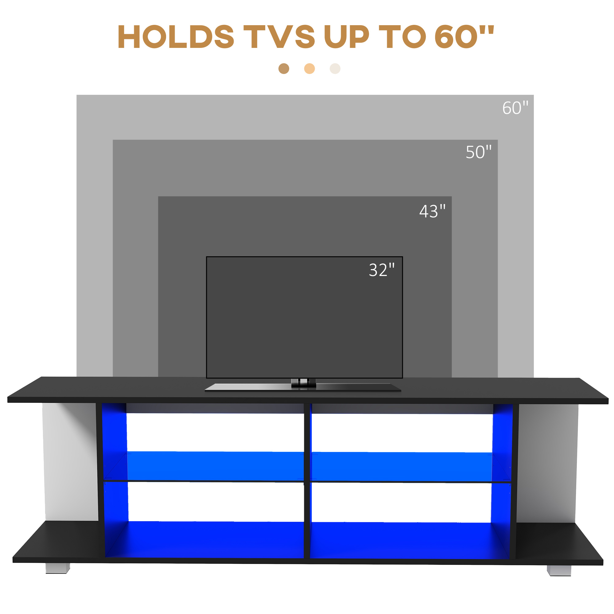 HOMCOM TV Stand, 145cm Modern TV Unit with Glass Shelves, RGB LED Light for 32 40 43 50 52 55 60 inch 4k TV, Black