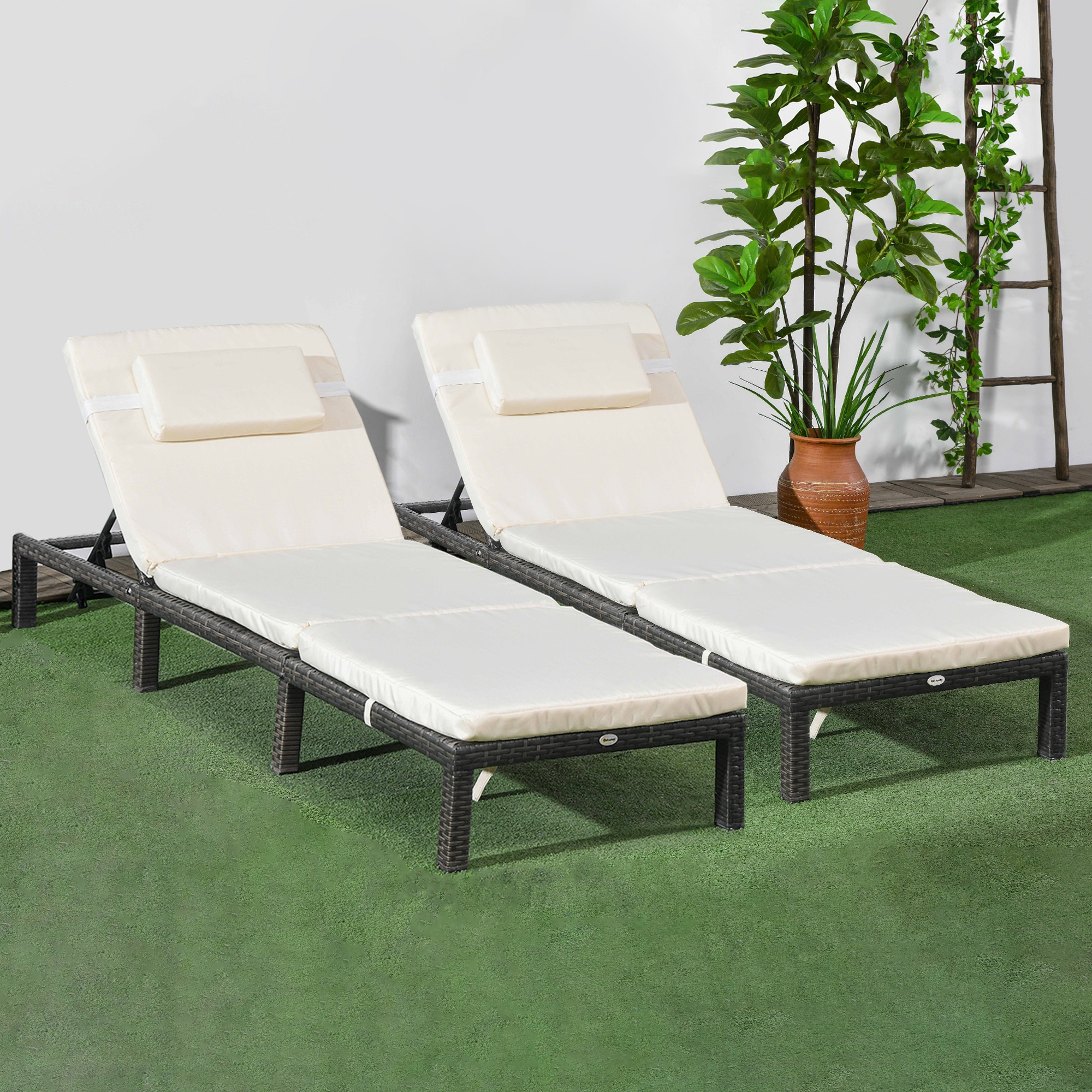 Outsunny Rattan Sun Loungers Set of 2 with 5-Level Adjustable Backrest, Wicker Lounge Chairs with Padded Cushion and Headrest for Outdoor, Poolside, Garden, Cream White