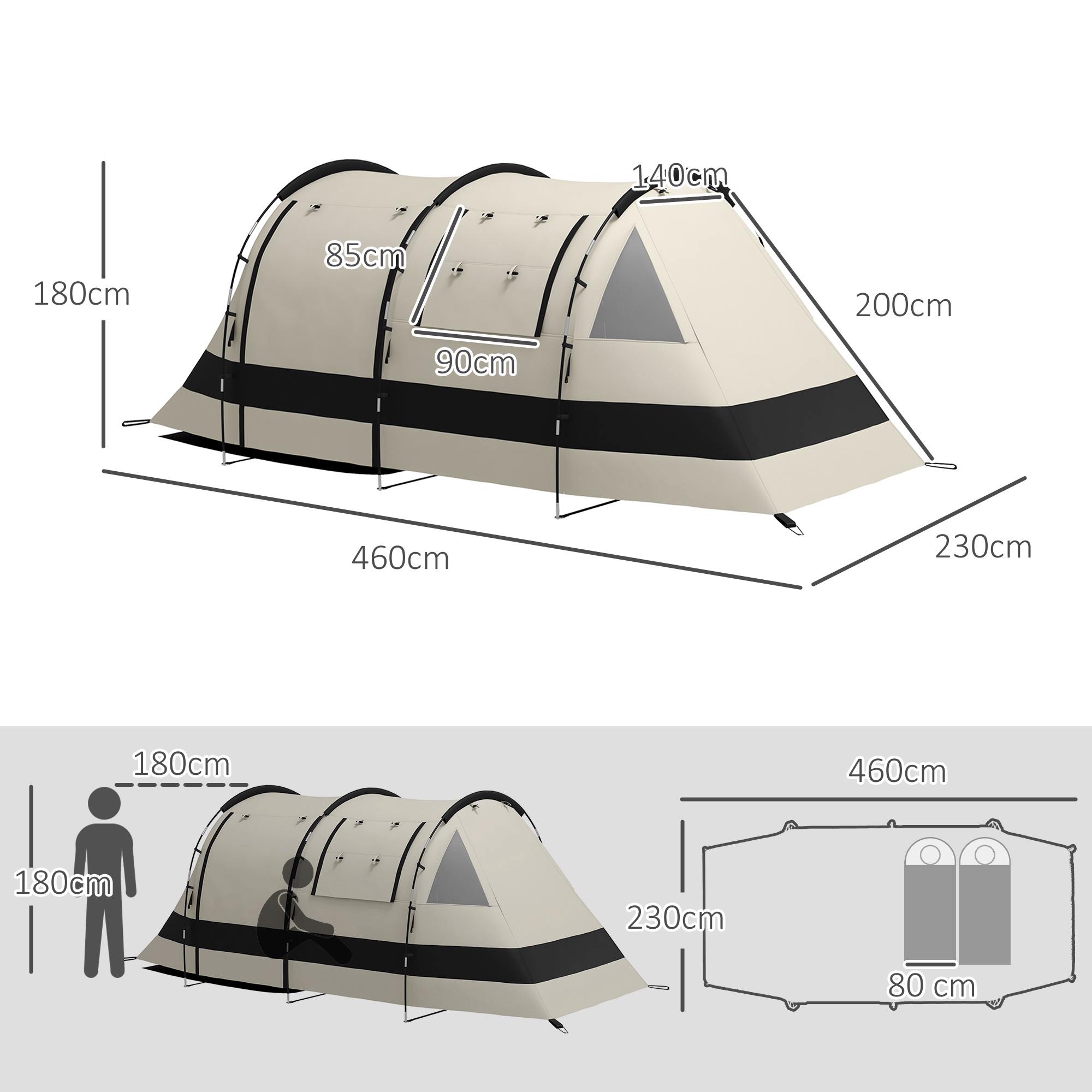 Outsunny Blackout Camping Tent for 4-5 Person, with Bedroom & Living Room, 3000mm Waterproof, for Fishing Hiking Festival, Khaki
