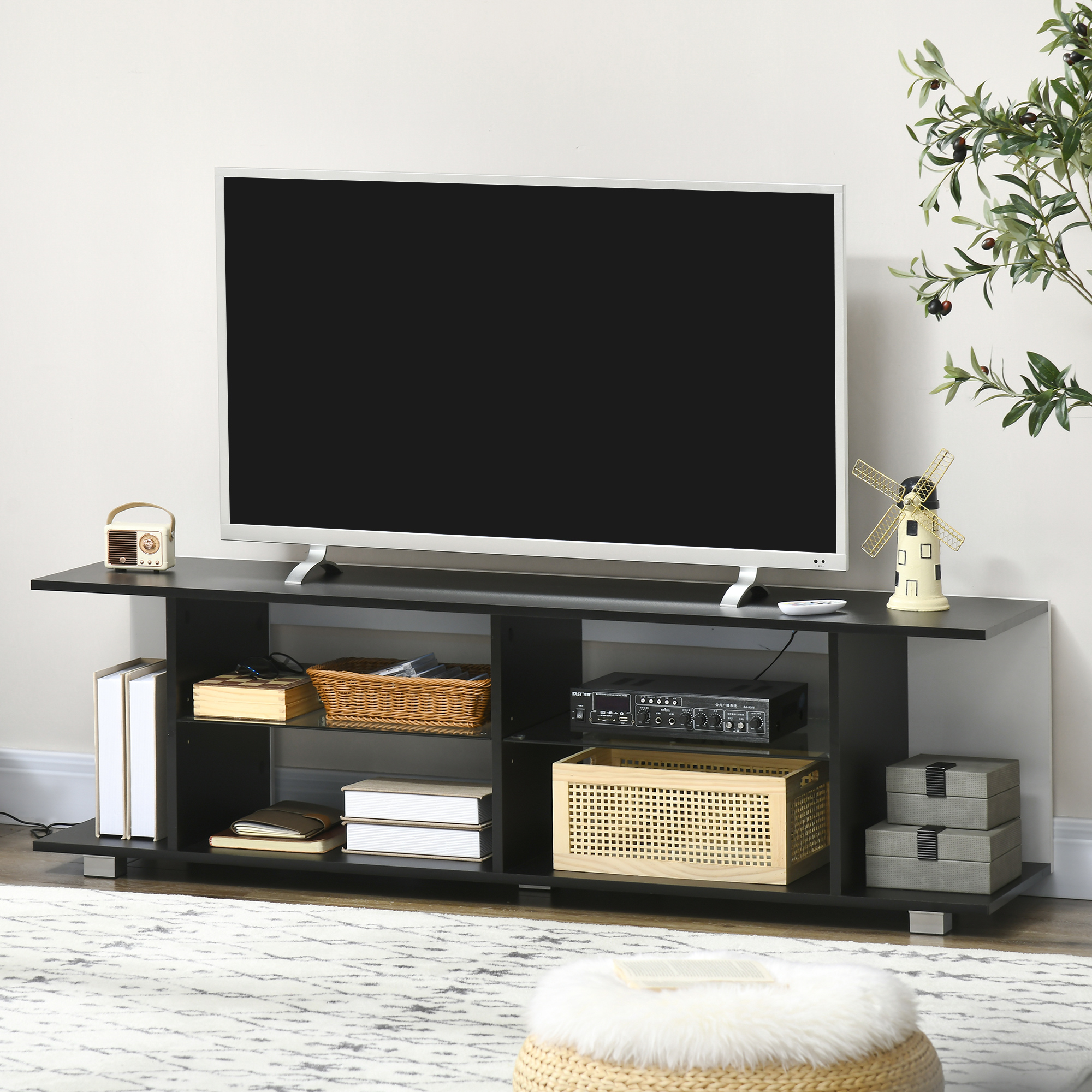 HOMCOM TV Stand, 145cm Modern TV Unit with Glass Shelves, RGB LED Light for 32 40 43 50 52 55 60 inch 4k TV, Black