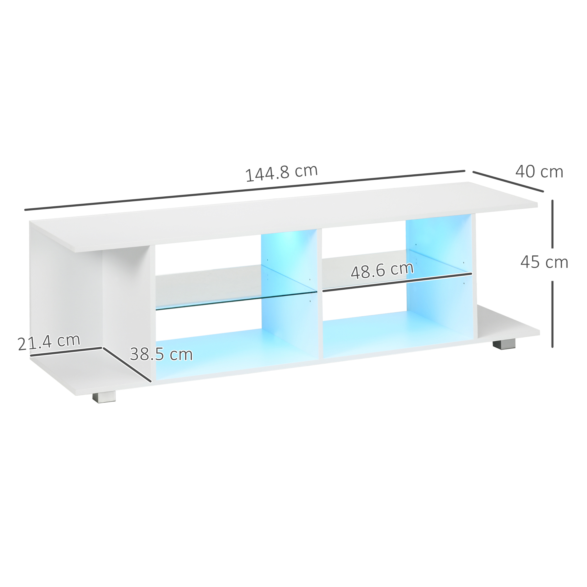 HOMCOM TV Stand, 145cm Modern TV Unit with Glass Shelves, RGB LED Light for 32 40 43 50 52 55 60 inch 4k TV, White
